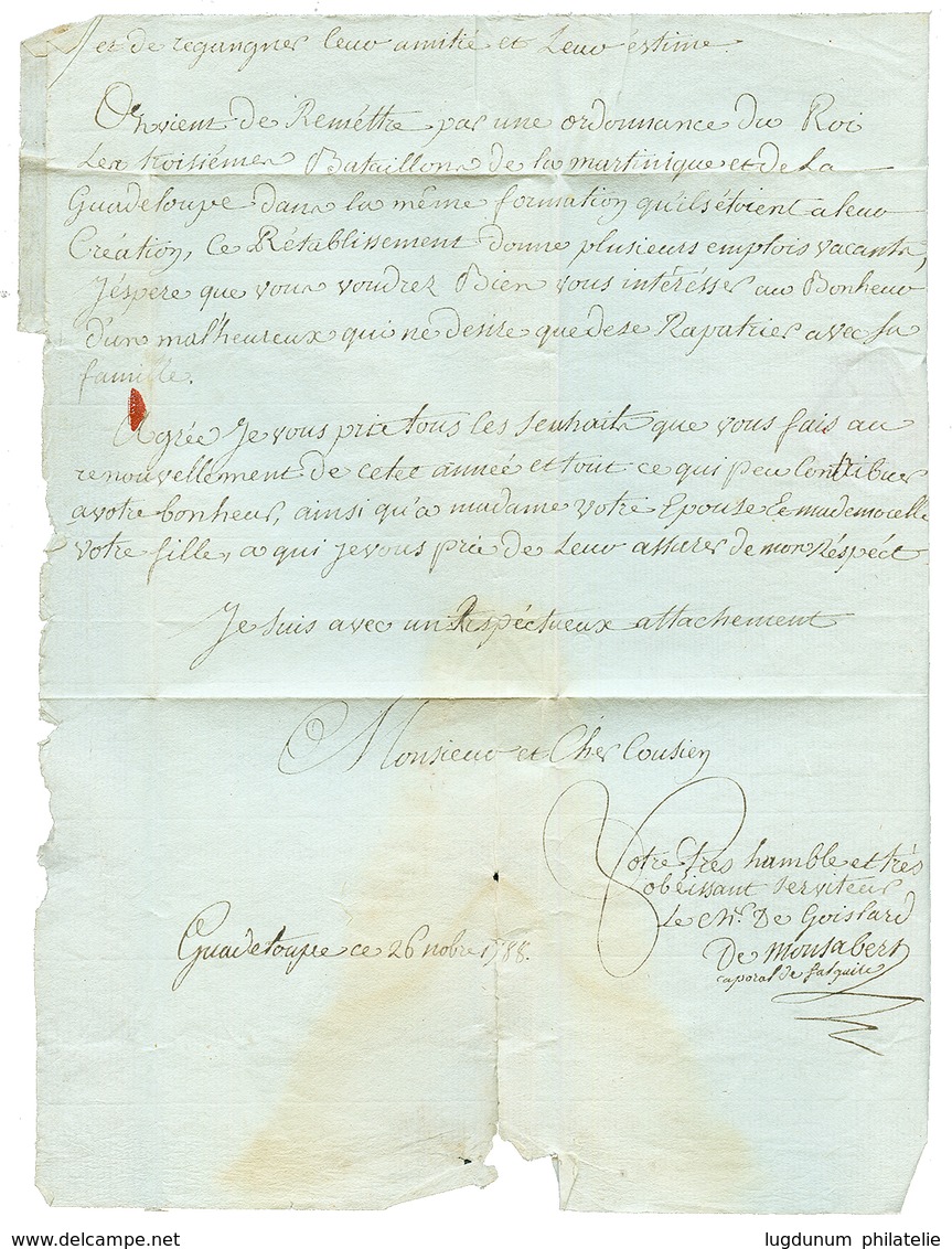 1788 COLONIES PAR L'ISLE DE RHE Orné + Cachet Rare LA GUADELOUPE (Jamet N°3) Sur Lettre(pd) Avec Texte Daté "GUADELOUPE" - Schiffspost