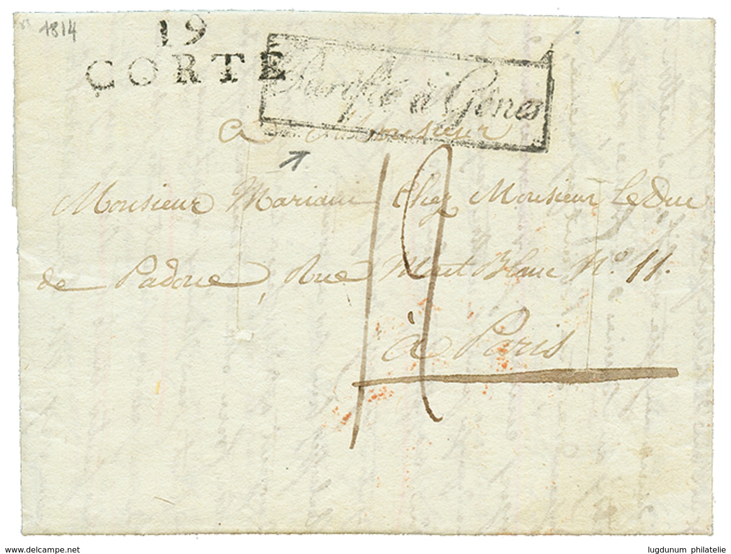 1814 Cachet Encadré PURIFIE à GENRS + 19 CORTE Sur Lettre Avec Texte De CORTE (CORSE) Pour PARIS. Cachet De Purification - Schiffspost