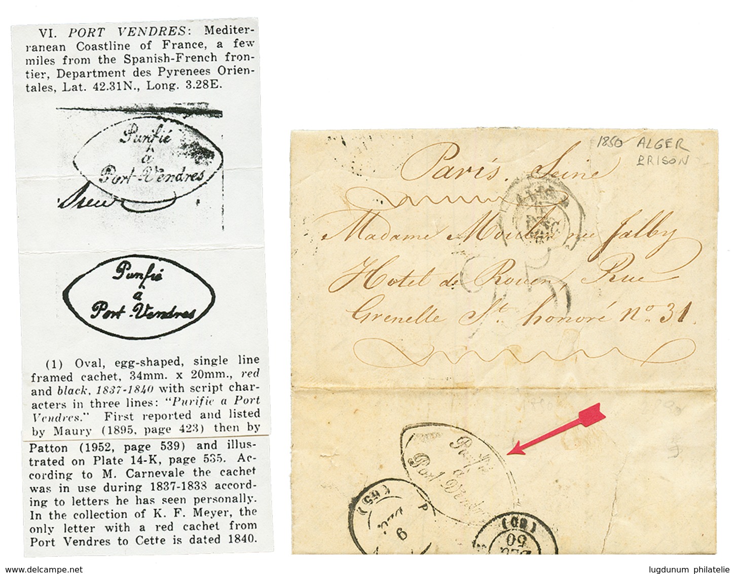"PURIFIE A PORT-VENDRES" : 1850 Trés Rare Cachet PURIFIE à PORT-VENDRES Au Verso D'une Lettre Avec Texte "PRISON D' ALGE - Maritime Post