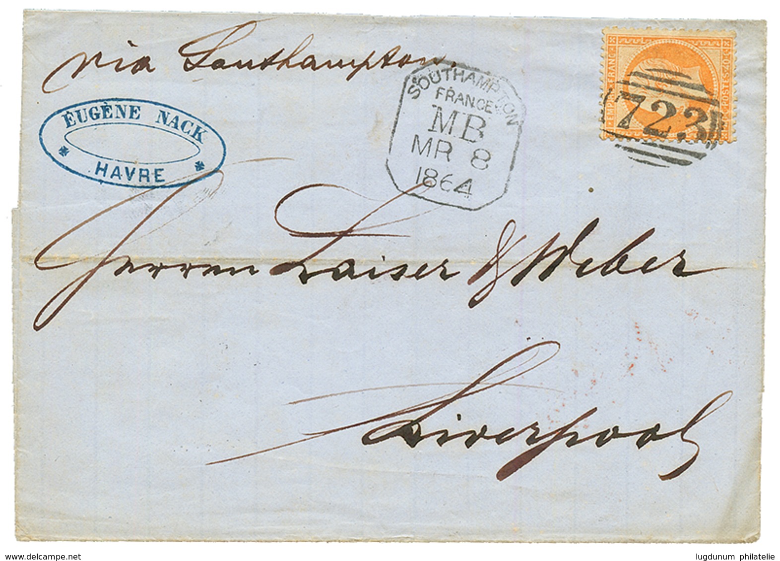 1864 FRANCE 40c (n°23) Obl. Killer 723 + SOUHAMPTON/ FRANCE/ M.B Sur Lettre Du HAVRE Pour LIVERPOOL. RARE. Superbe Quali - Schiffspost