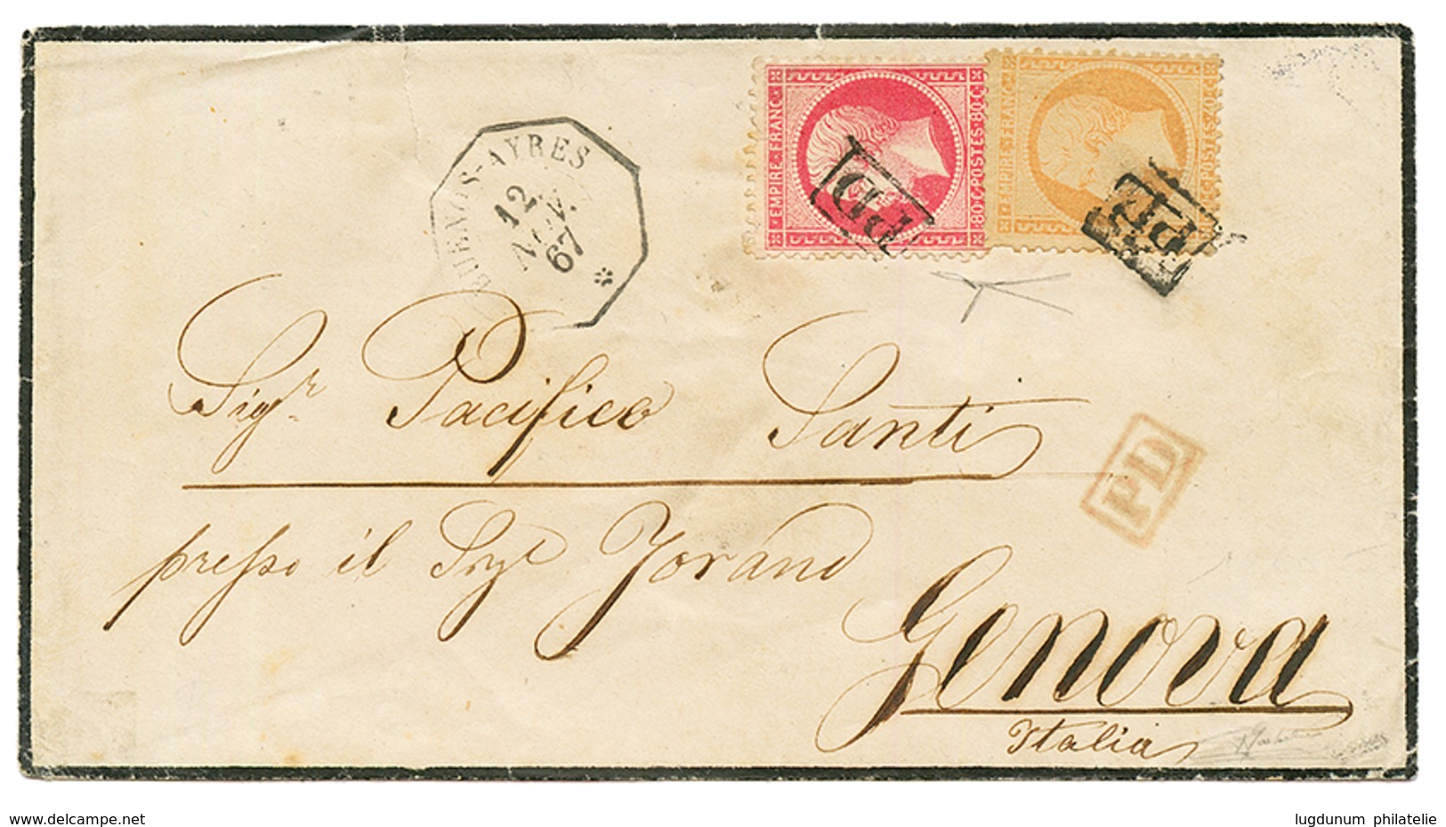 1867 40c + 80c Obl. Cachet PD Encadré + BUENOS-AYRES Sur Enveloppe Pour L' ITALIE. Signé CALVES + Certificat BOTTACCHI.  - Schiffspost