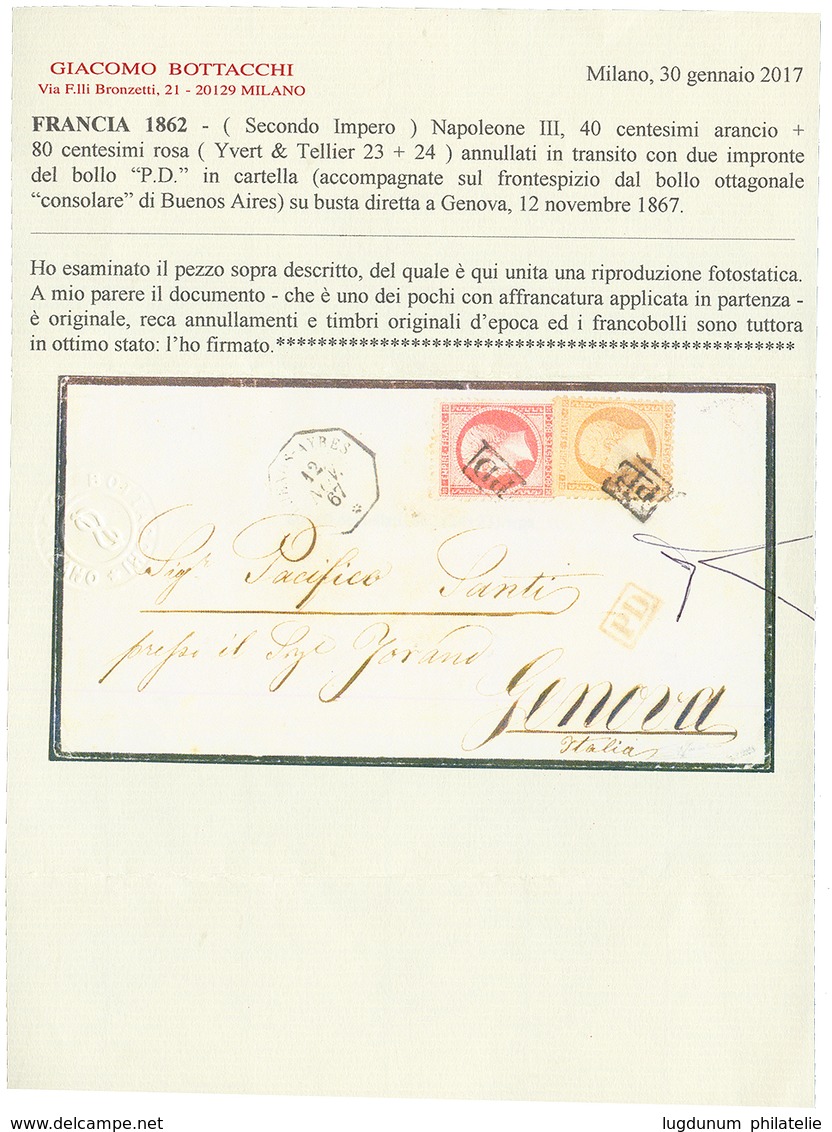 1867 40c + 80c Obl. Cachet PD Encadré + BUENOS-AYRES Sur Enveloppe Pour L' ITALIE. Signé CALVES + Certificat BOTTACCHI.  - Schiffspost