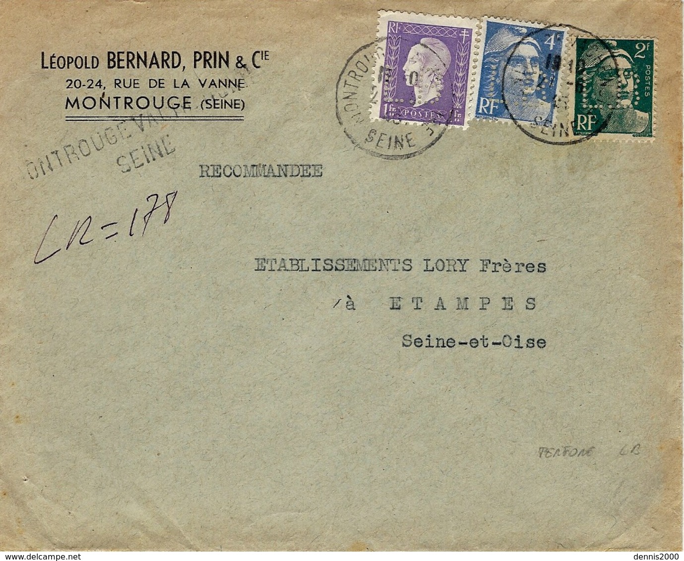 1945- Enveloppe RECC. Provisoire De Montrouge Affr. Composé à 7 F. PERFORE L B ( Léopold Bernard ) - 1921-1960: Période Moderne