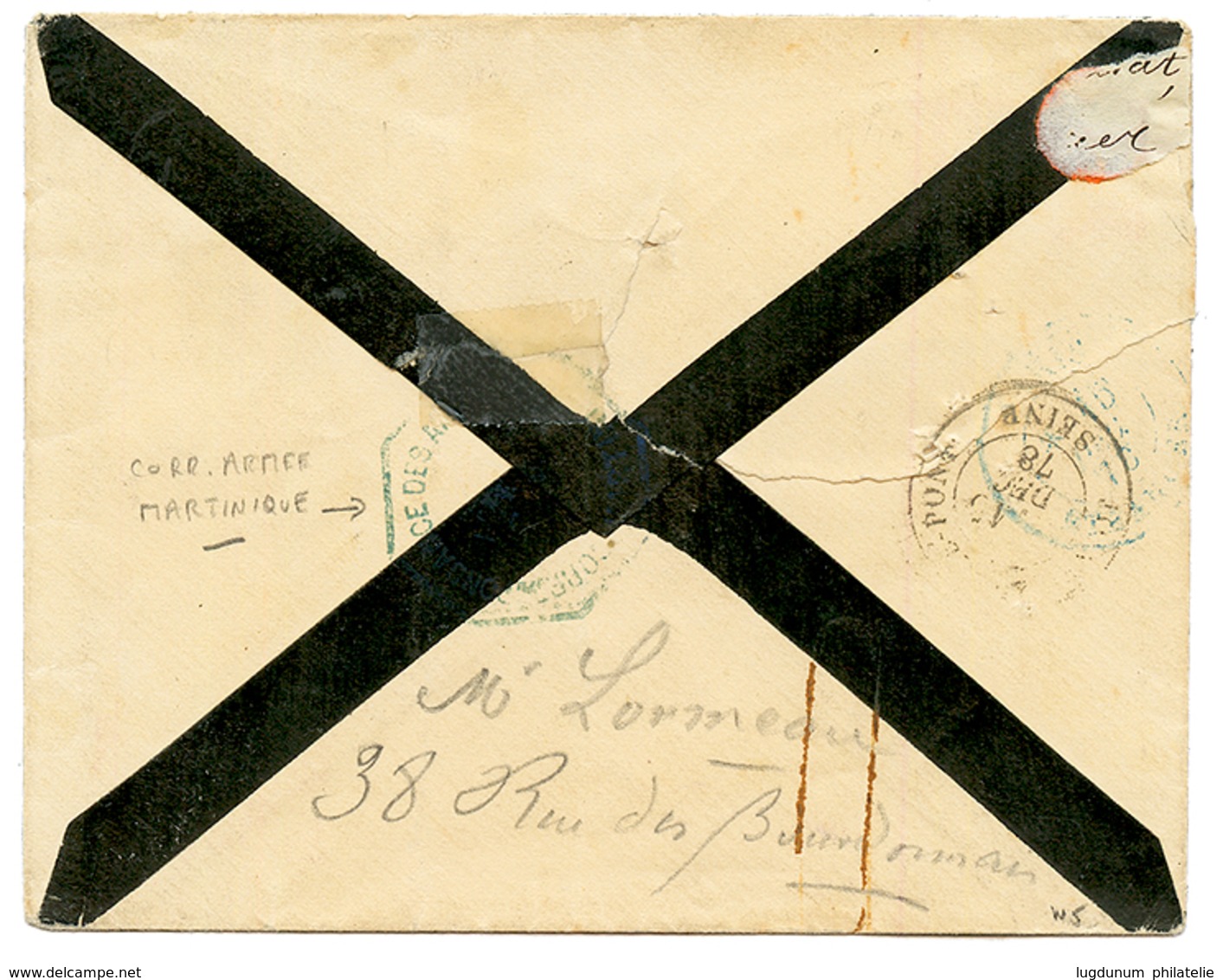 1878 COLONIES GENERALES 15c SAGE Gris TB Margé Obl. CORR. D' ARM. LIG. B PAQ FR N°4 Sur Enveloppe De MARTINIQUE Pour La  - Maritieme Post