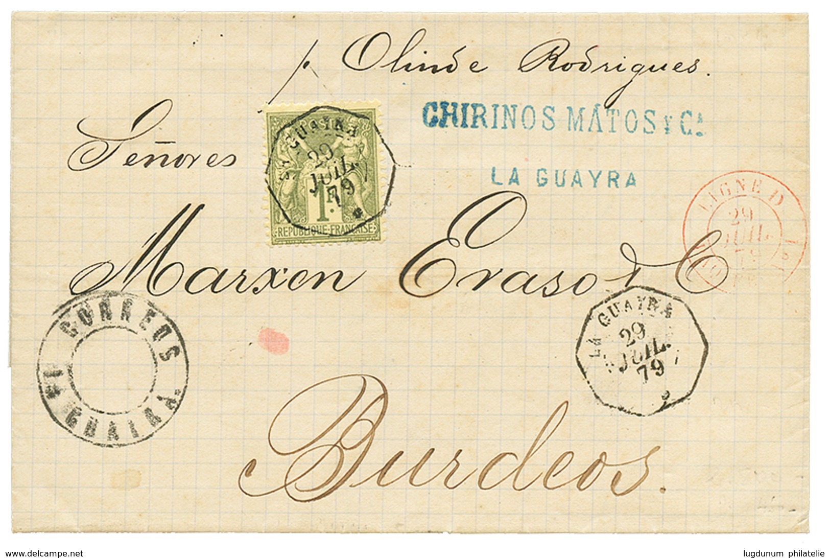 1879 1F SAGE Obl. LA GUAYRA + LIGNE D PAQ FR En Rouge(rare) Sur Lettre Pour BORDEAUX. Superbe Qualité. - Maritieme Post