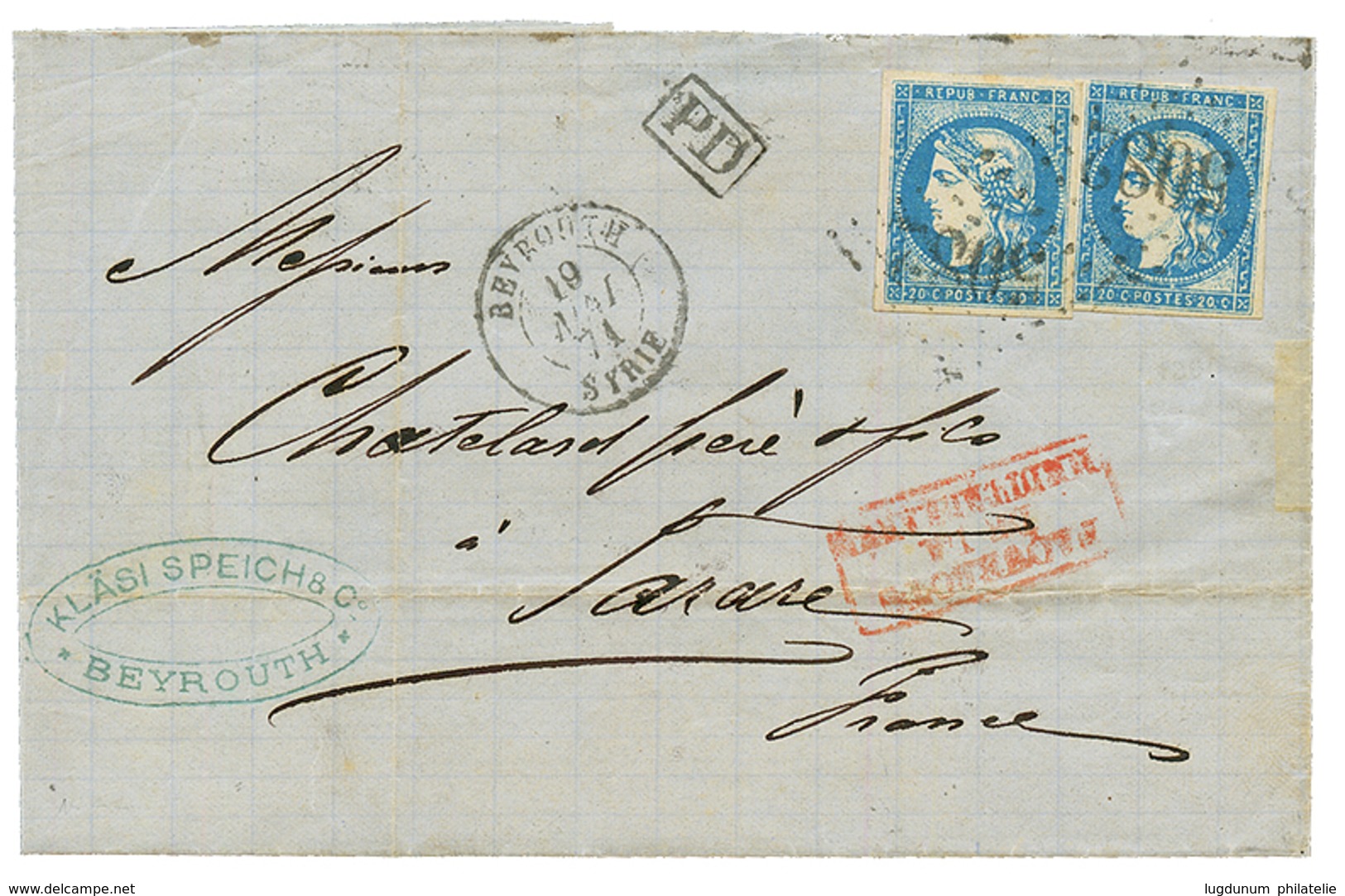 BEYROUTH : 1871 2 Ex. Du 20c BORDEAUX Type 1 (n°44) Intacts Obl. GC 5082 + BEYROUTH SYRIE Sur Lettre (sans Texte Et Légè - Sonstige & Ohne Zuordnung