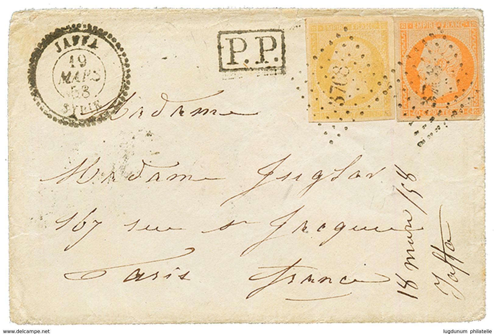 "PETIT CHIFFRE De JAFFA" : 1858 10c Nuance CITRON (n°13l) + 40c (n°16) Obl. PC 3768 + JAFFA SYRIE Sur Enveloppe Avec Tex - Other & Unclassified