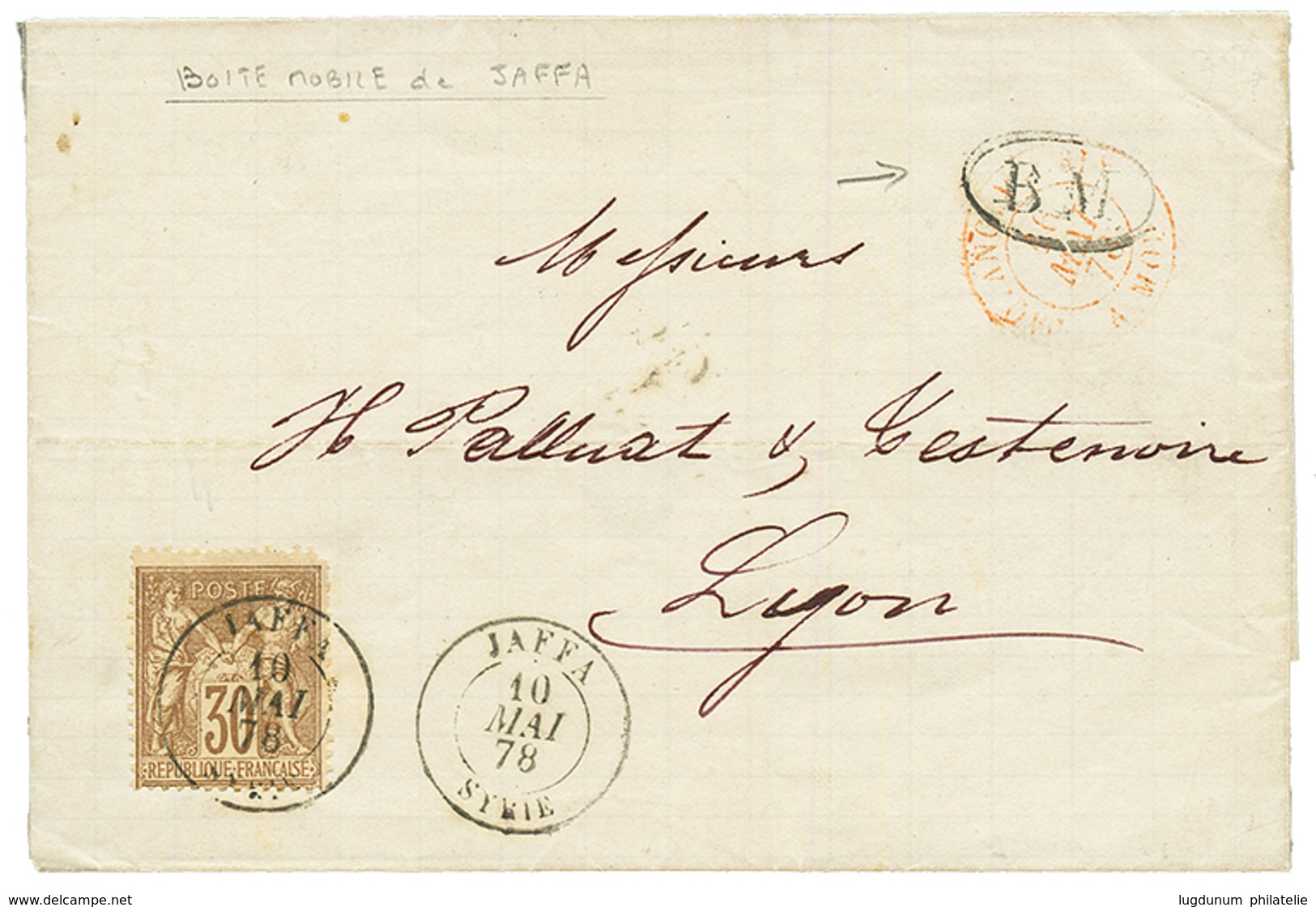 "BOITE MOBILE De JAFFA" : 1878 30c SAGE Obl. JAFFA SYRIE + B.M Oval Sur Lettre De BEYROUTH Pour LYON. RARE. Superbe. - Other & Unclassified