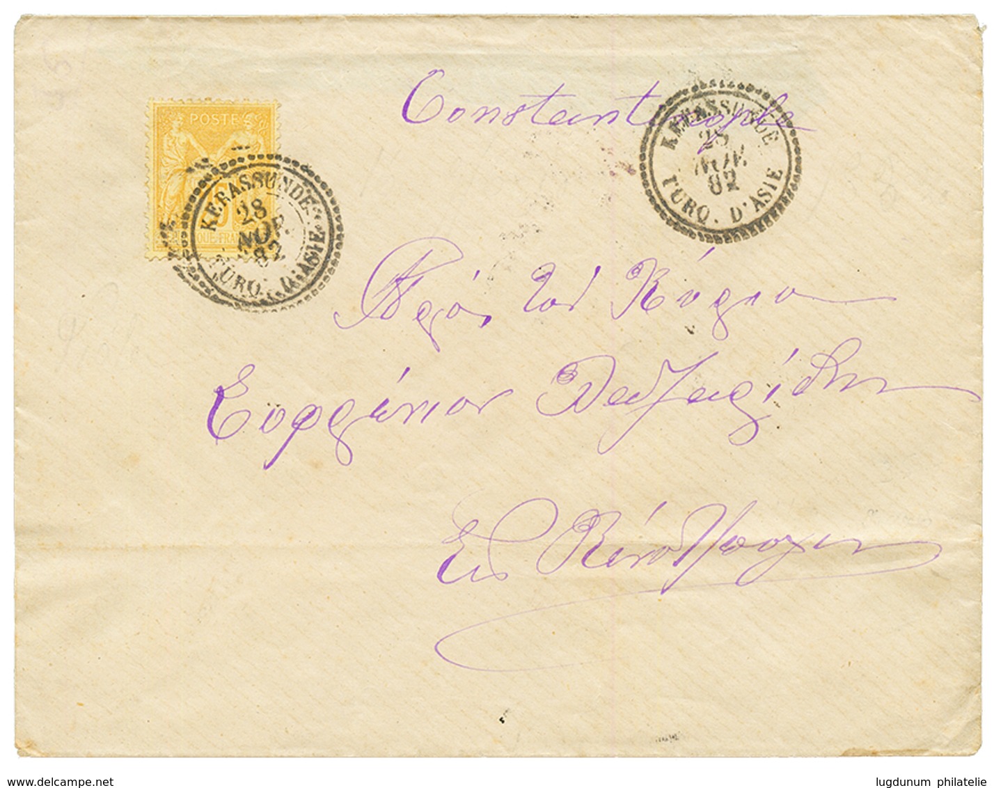 "KERASSUNDE" : 1882 FRANCE 25c SAGE Obl. KERASSUNDE TURQ. D' ASIE Sur Enveloppe Pour CONSTANTINOPLE. Trés Rare Sur Type  - Other & Unclassified