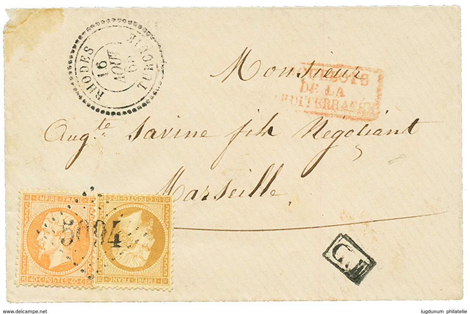 RHODES : 1864 10c + 40c Obl. GC 5094 + RHODES TURQUIE Sur Enveloppe Pour La FRANCE. Superbe. - Sonstige & Ohne Zuordnung