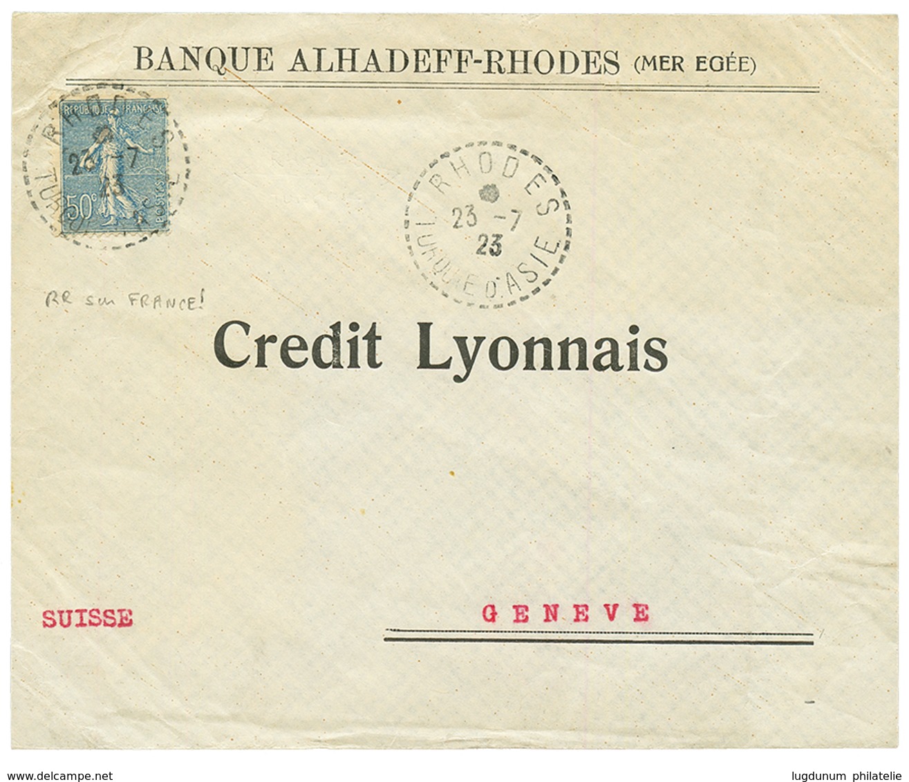 "Type SEMEUSE De FRANCE Utilisé à RHODES" : 1923 FRANCE 50c Semeuse Obl. RHODES TURQUIE D' ASIE Sur Envelope Commerciale - Sonstige & Ohne Zuordnung