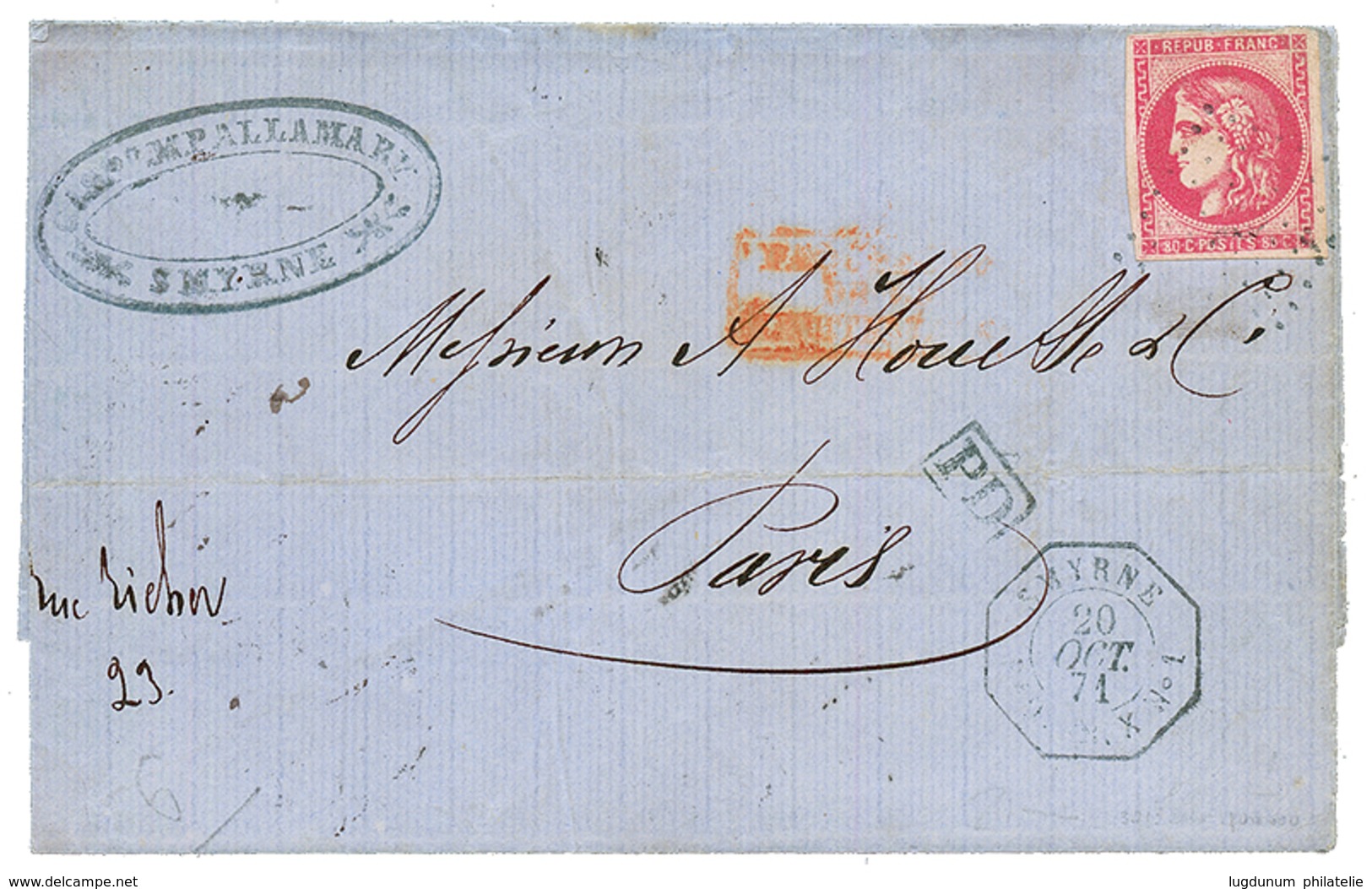 SMYRNE : 1871 80c BORDEAUX (n°49) TB Margé Obl. ANCRE + SMYRNE PAQ FR. X N°1 Sur Lettre Pour PARIS. RARE. TB. - Sonstige & Ohne Zuordnung