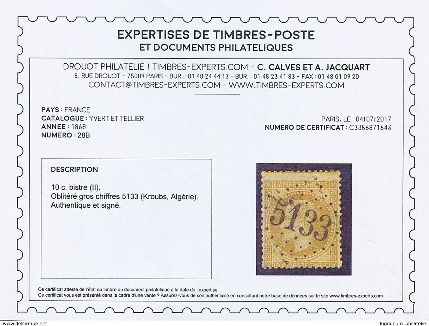 KROUBS : GC 5133 Sur 10c EMPIRE (n°28). Certificat CALVES. Frappe Luxe. - Other & Unclassified