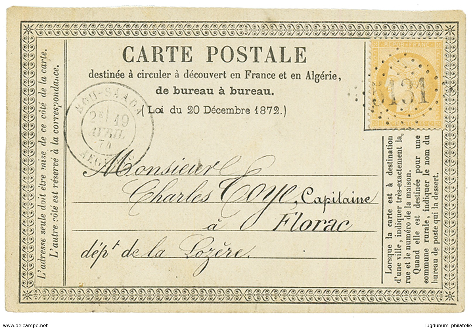 ALGERIE : 1874 15c CERES Obl. GC 5131 + BOU-SAADA ALGERIE Sur CARTE PRECURSEUR Décorée En Couleur. Bureau Rare (Cote = 1 - Sonstige & Ohne Zuordnung