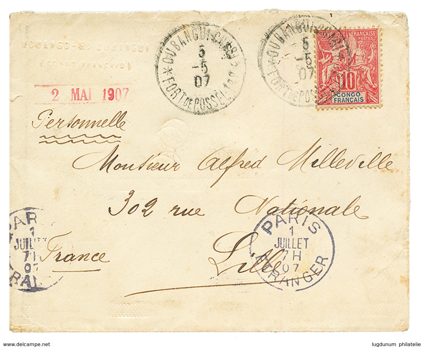 CONGO - OUBANGUI-CHARI TCHAD (PRECURSEUR) : 1907 CONGO 10c Obl. Cachet Rare OUBANGUI-CHARI FORT DE POSSEL Sur Enveloppe  - Andere & Zonder Classificatie