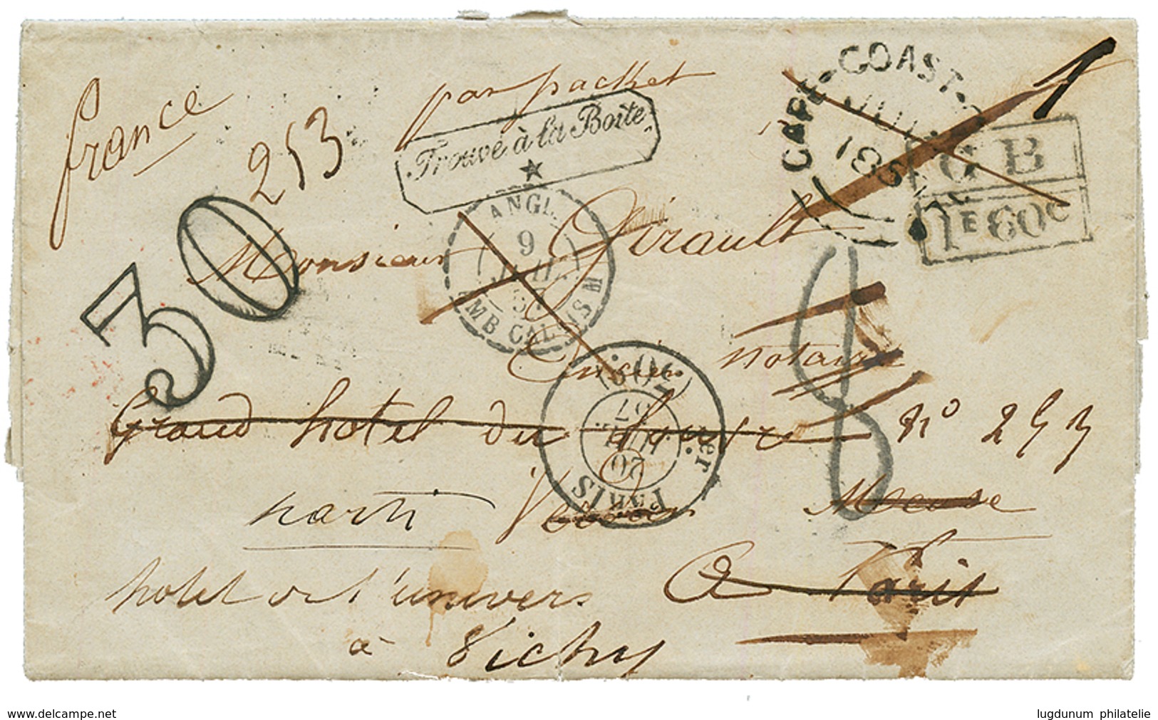 "ASSINIE" : 1857 GB/1F60 + TROUVE A LA BOITE + Taxe 30 D.T Sur Lettre Avec Texte De DIXCOVE ( GOLD COAST ) Pour La FRANC - Other & Unclassified