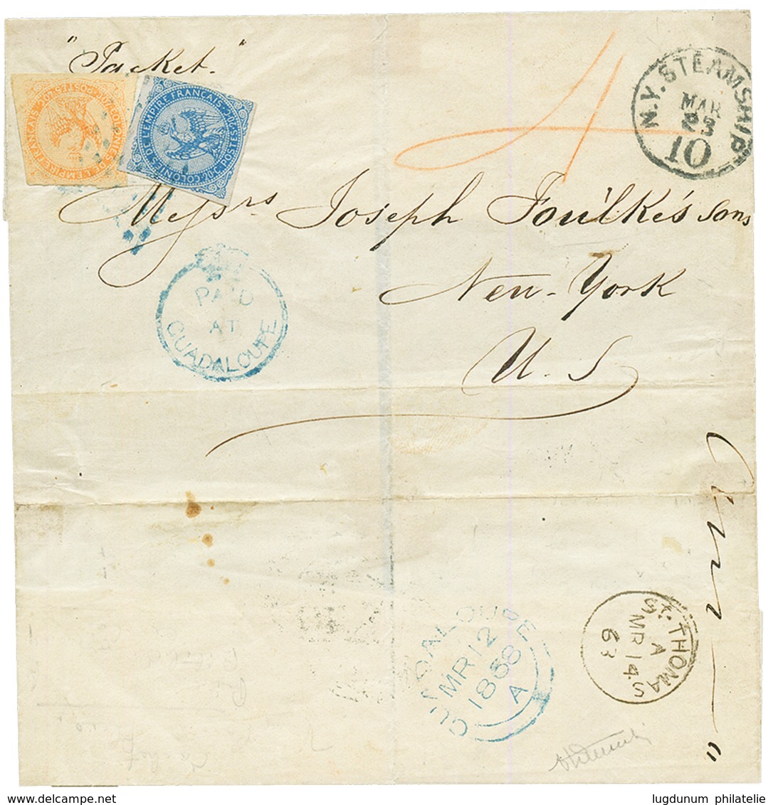 "PAID AT GUADELOUPE En Bleu" : 1868 20c + 40c AIGLE Obl. Losange De Points Bleus + Cachet Rarissime PAID AT GUADELOUPE E - Sonstige & Ohne Zuordnung