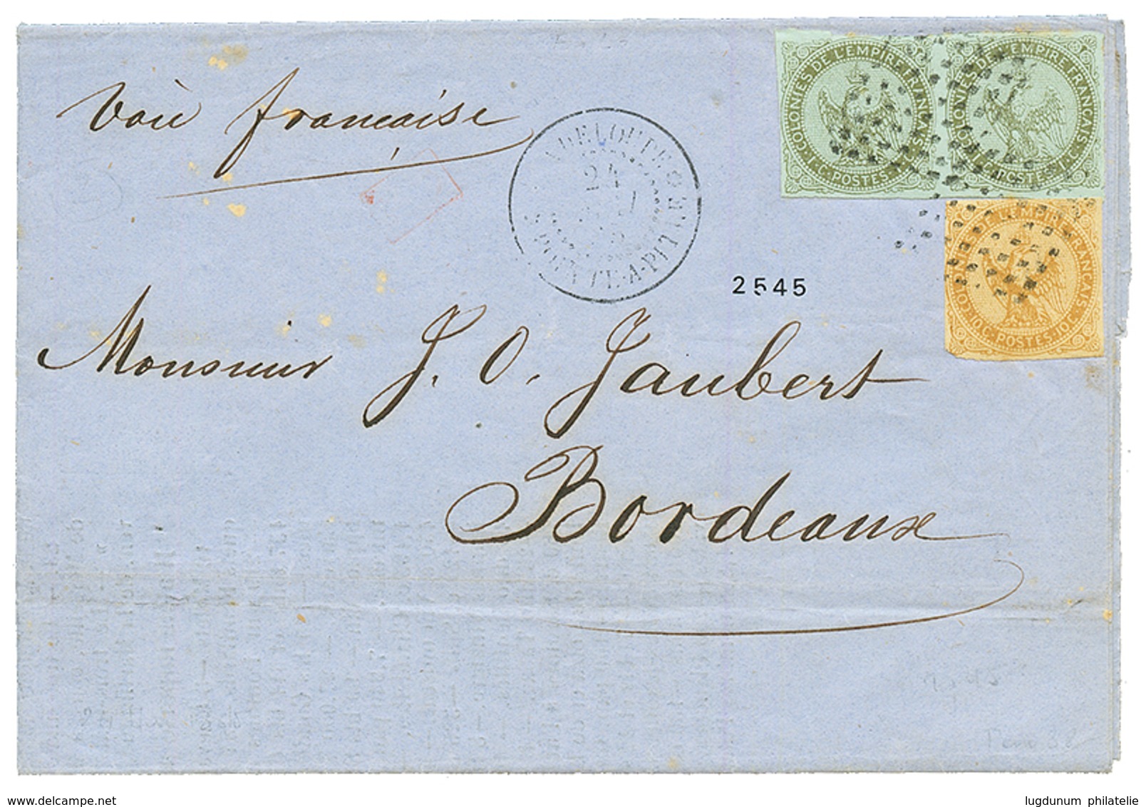 "Affrt à 12c" : 1869 AIGLE Paire 1c + 10c(pd) Sur IMPRIME Complet De POINTE A PITRE Pour BORDEAUX. TB. - Other & Unclassified