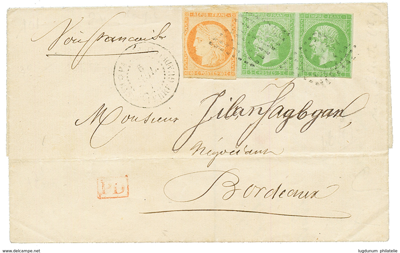 1872 Paire 5c EMPIRE(n°8) Pd + 40c CERES (n°13) Obl. Sur Lettre Pour BORDEAUX. Certificat PHILATELIC FOUNDATION (1980).  - Other & Unclassified