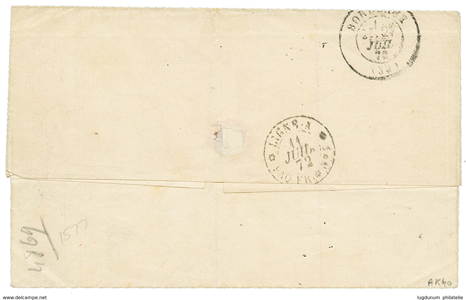 1872 Paire 5c EMPIRE(n°8) Pd + 40c CERES (n°13) Obl. Sur Lettre Pour BORDEAUX. Certificat PHILATELIC FOUNDATION (1980).  - Other & Unclassified