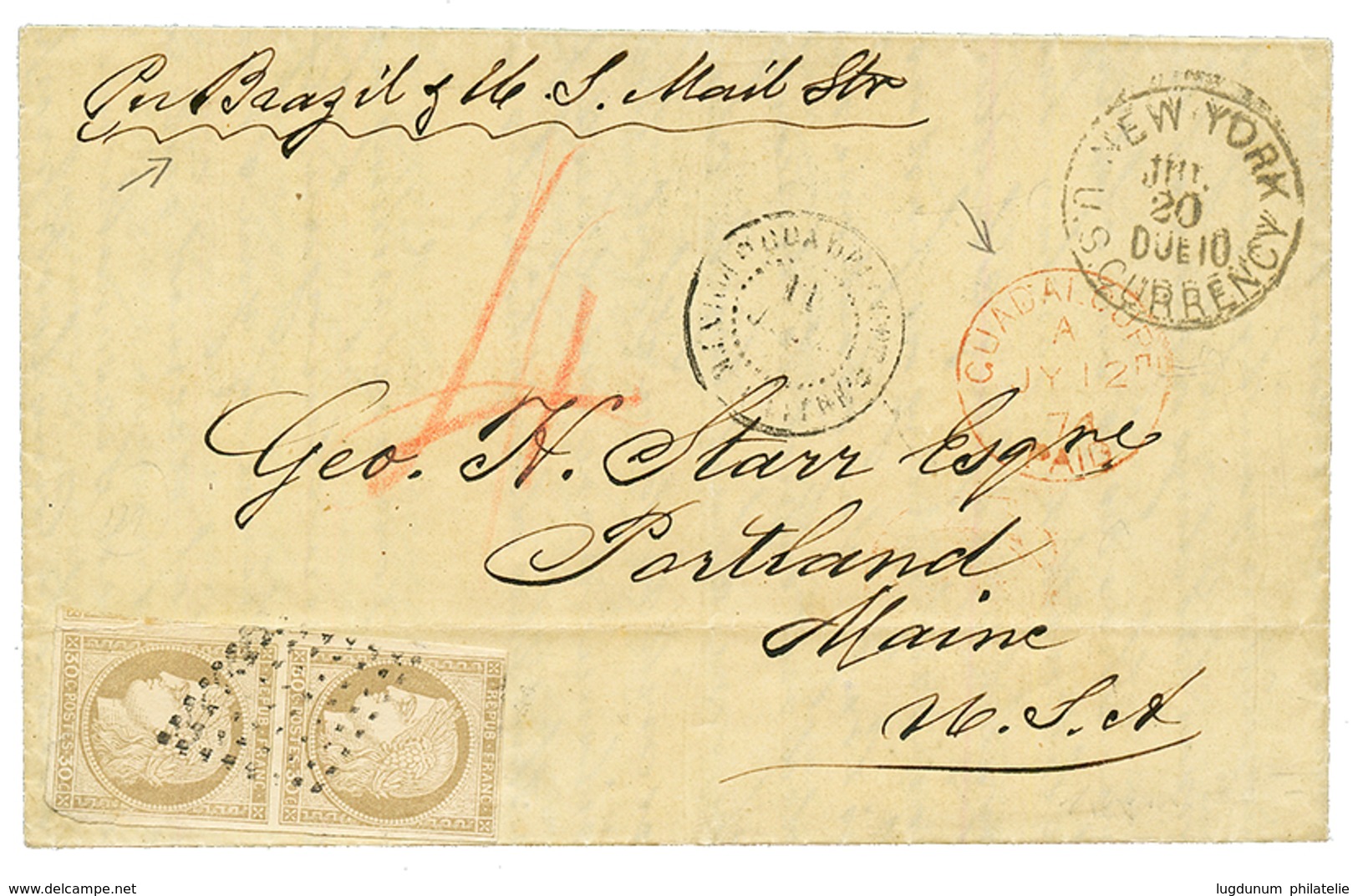 "GUADELOUPE - Bureau ANGLAIS" : 1874 CG Paire 30c CERES (pd) + Taxe Anglaise 4 Rouge + Cachet Rare GUADALOUPE PAIS + "Pe - Sonstige & Ohne Zuordnung