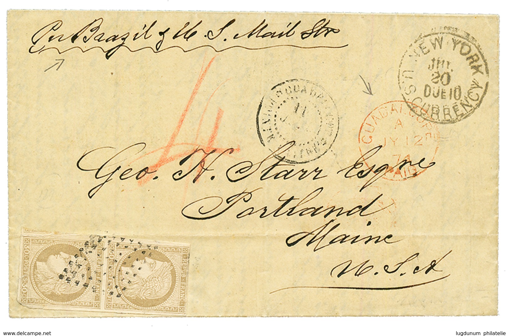 "GUADELOUPE - Bureau ANGLAIS" : 1874 CG Paire 30c CERES (pd) + Taxe Anglaise 4 Rouge + Cachet Rare GUADALOUPE PAIS + "Pe - Other & Unclassified