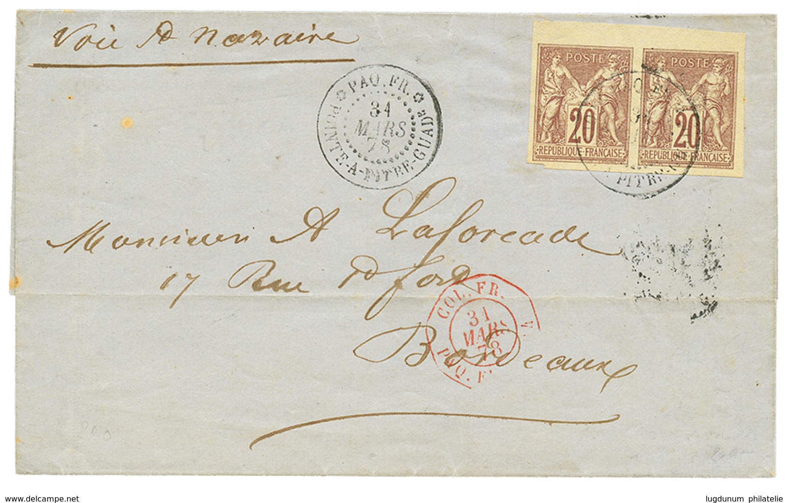 1878 CG Superbe Paire Du 20c SAGE Obl. PAQ. FR POINTE A PITRE Sur Lettre Pour La FRANCE. Luxe. - Sonstige & Ohne Zuordnung