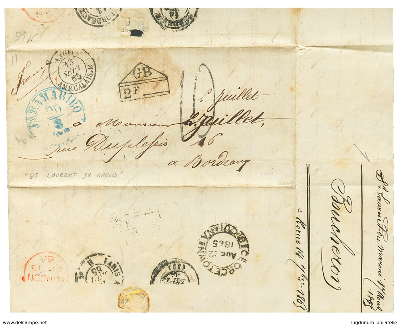 "ST LAURENT DU MARONI Via PARAMARIBO" : 1865 PARAMARIBO + GB/2F Sur Lettre De ST LAURENT DU MARONI Pour La FRANCE. Verso - Sonstige & Ohne Zuordnung