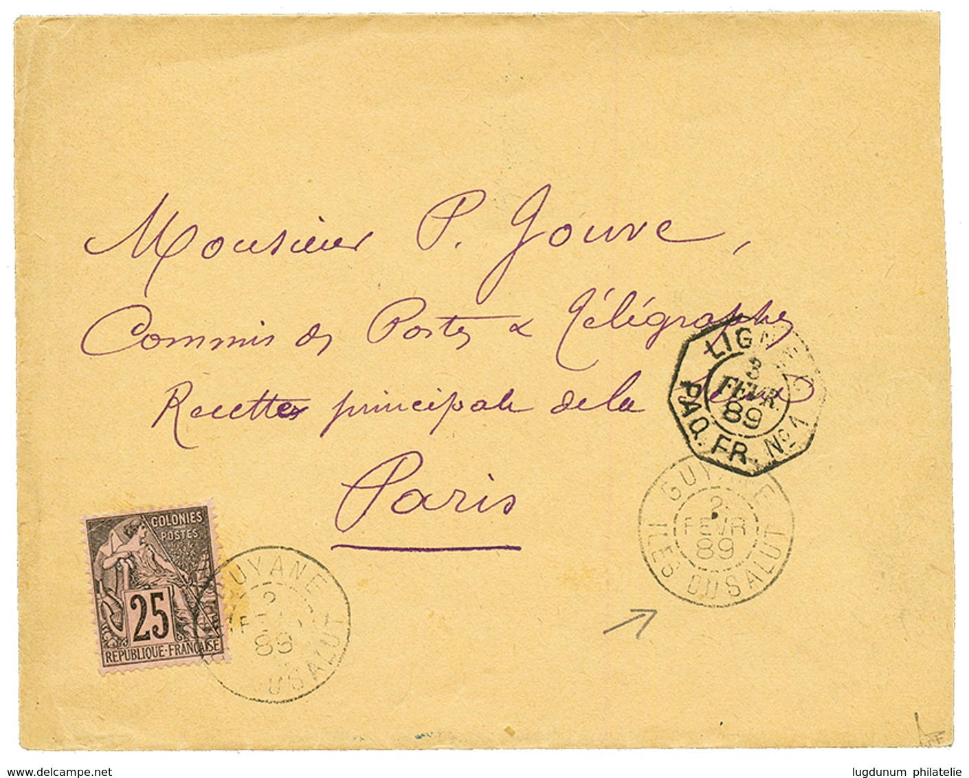 "ILE DU SALUT - PRECURSEUR" : 1889 COLONIES GENERALES 25c Obl. GUYANE ILE DU SALUT Sur Enveloppe Pour PARIS. - Sonstige & Ohne Zuordnung