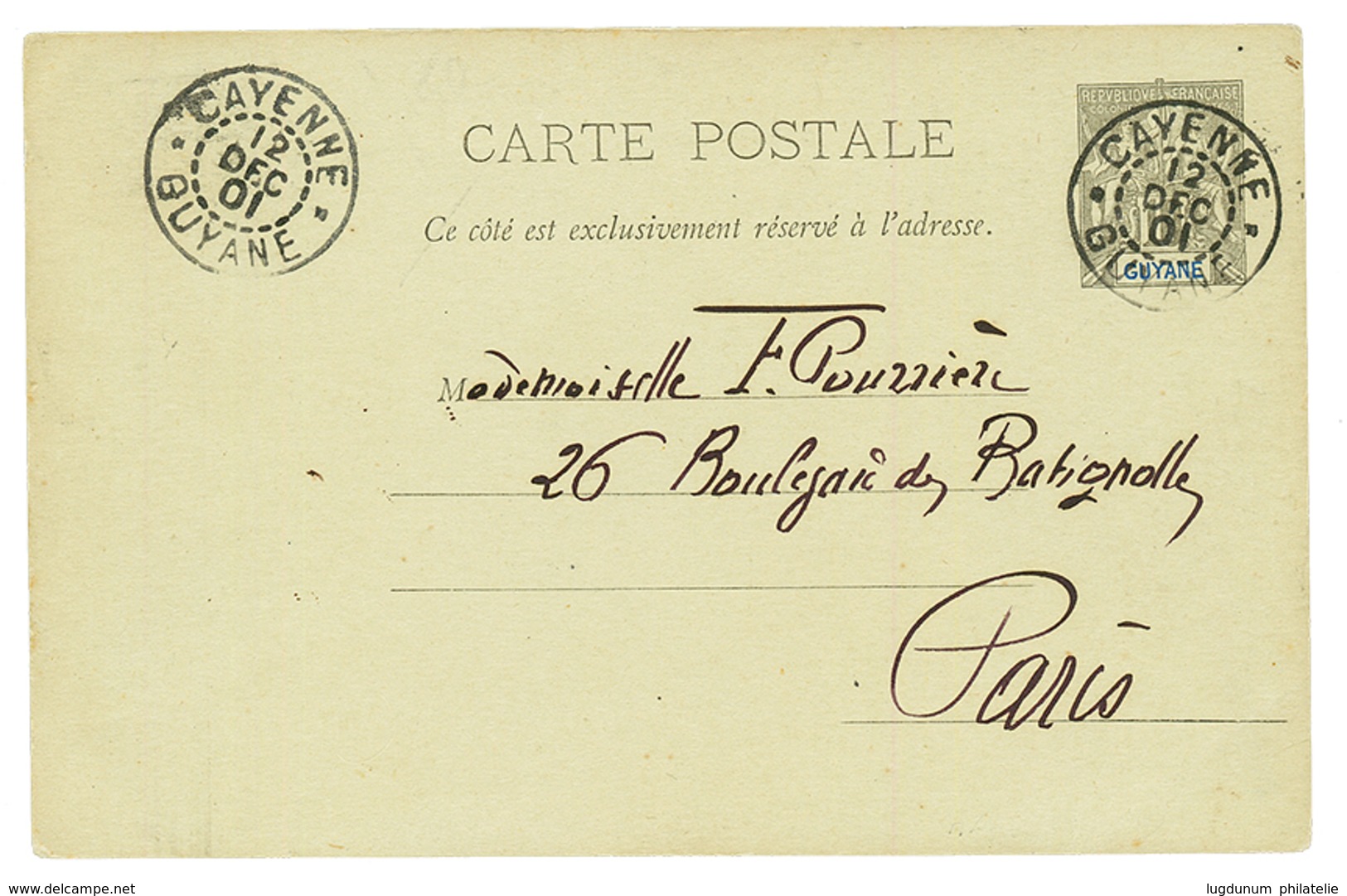 GUYANE : 1901 ENTIER 10c Avec REPIQUAGE Photographique Obl. CAYENNE Pour PARIS. RARE. Superbe. - Other & Unclassified