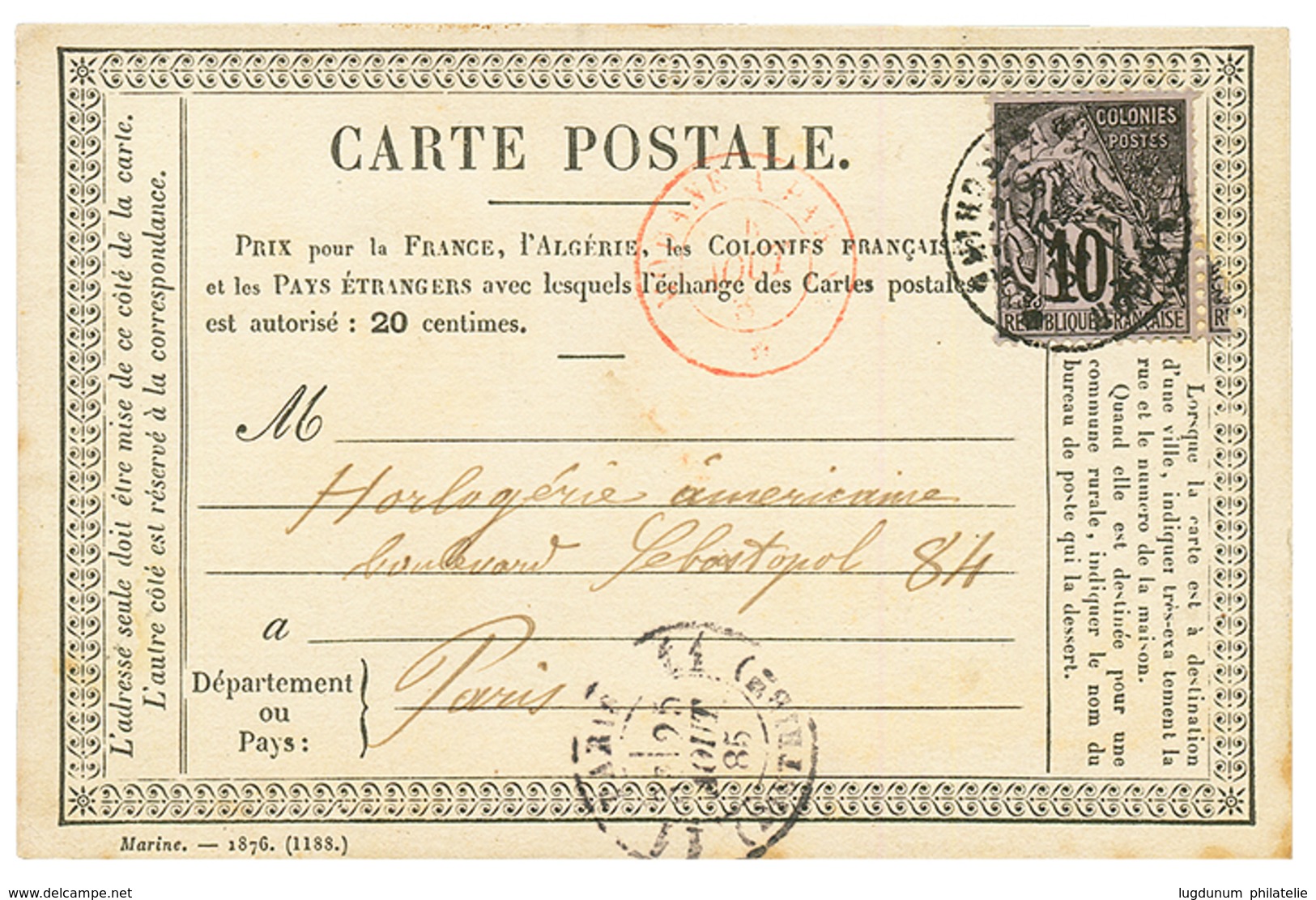 INDOCHINE : 1885 CG 10c Obl. SAIGON COCHINCHINE Sur CARTE PRECURSEUR Pour PARIS. Très Rare. TB. - Sonstige & Ohne Zuordnung