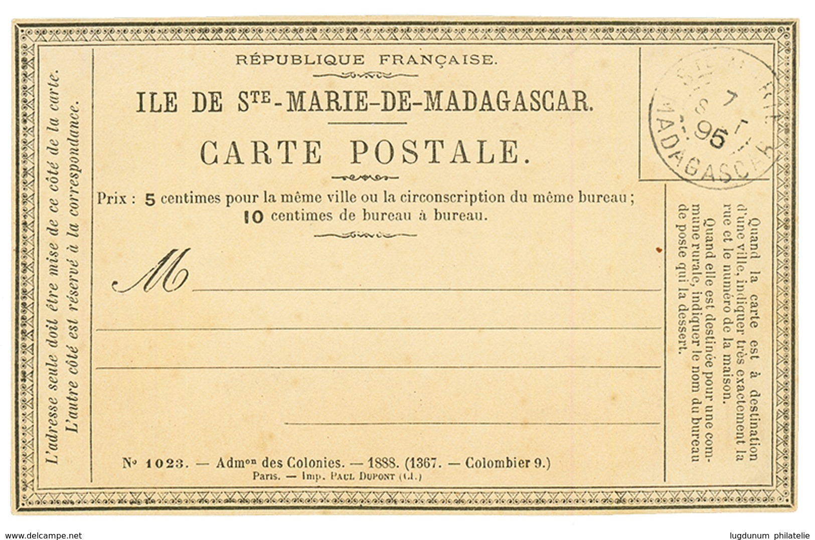 SAINTE MARIE DE MADAGASCAR : Rarissime CARTE PRECURSEUR Neuve Obl. STE MARIE MADAGASCAR. TTB. - Autres & Non Classés