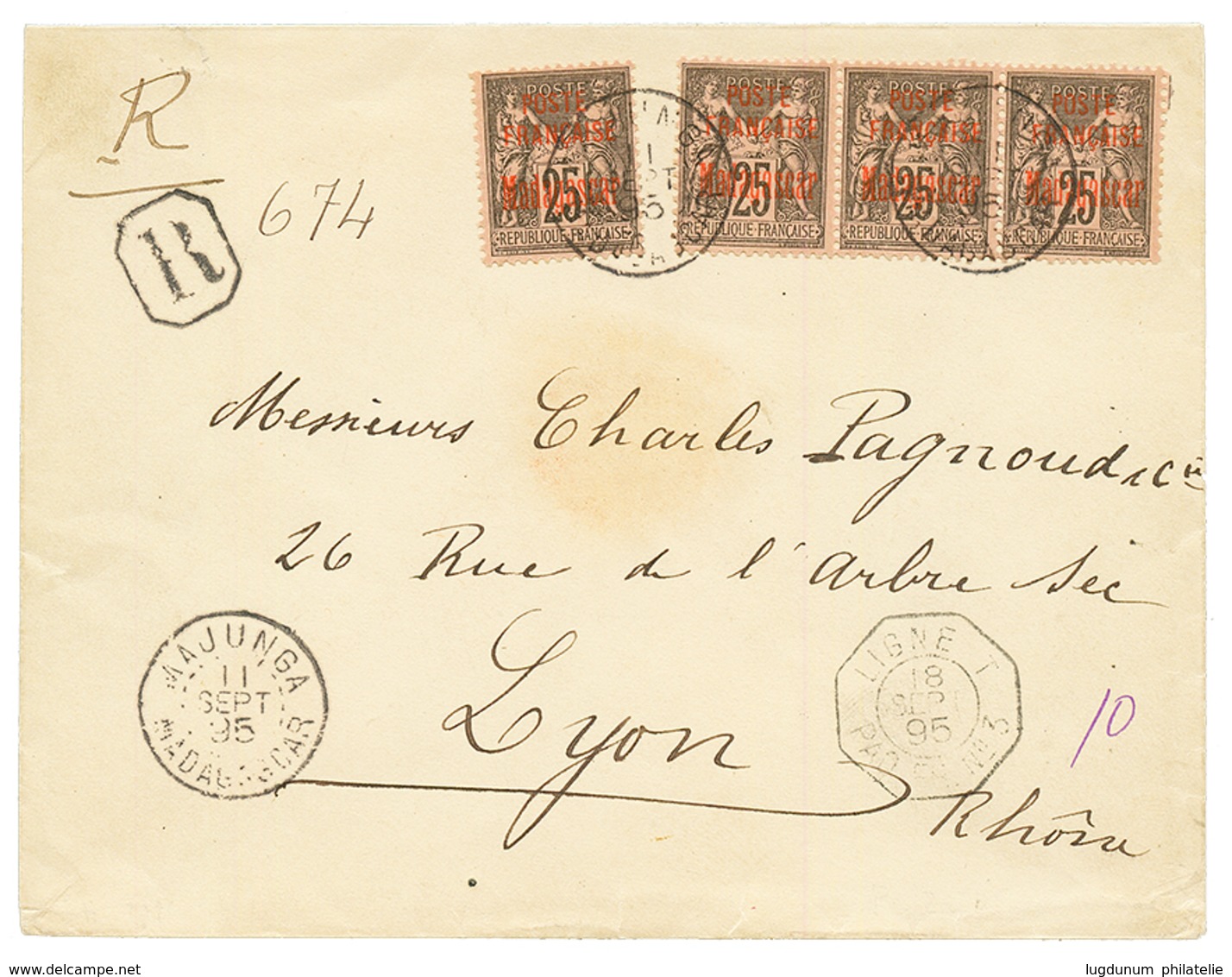 MADAGASCAR : 1895 25c (x4) Obl. MAJUNGA + LIGNE T PAQ FR. Sur Enveloppe Pour LYON. TB. - Sonstige & Ohne Zuordnung