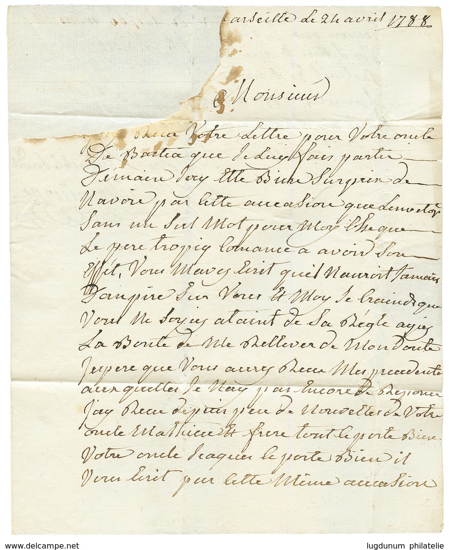 1788 Cachet Rare PAQUEBOT + COLONIES Rouge Sur Lettre Avec Texte Daté "MARSEILLE" Pour La MARTINIQUE. RARE. TB. - Other & Unclassified