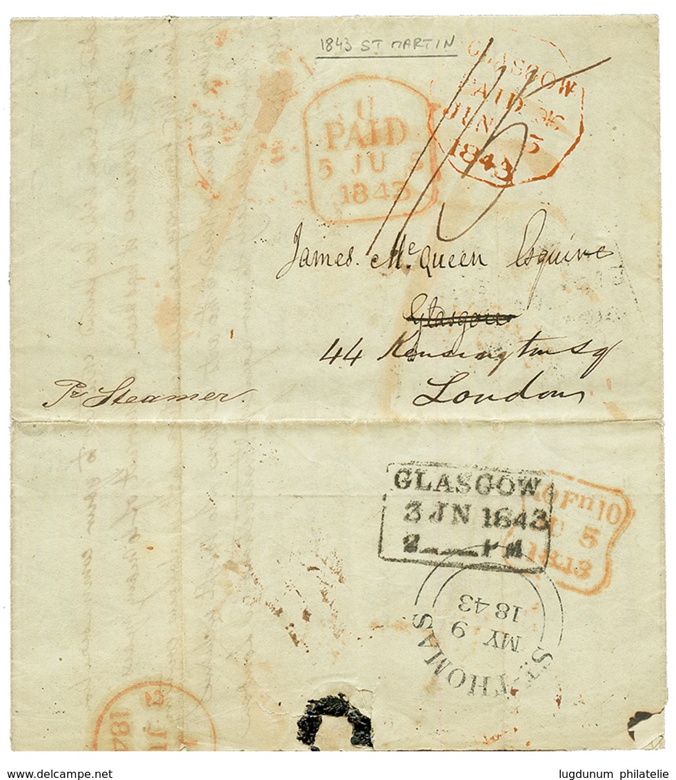 "ST MARTIN" : 1843 GLASGOW + PAID Sur Lettre Avec Texte Daté "FRENCH MARTIN" Pour GLASGOW Redirigé à LONDRES. Verso, Tra - Sonstige & Ohne Zuordnung