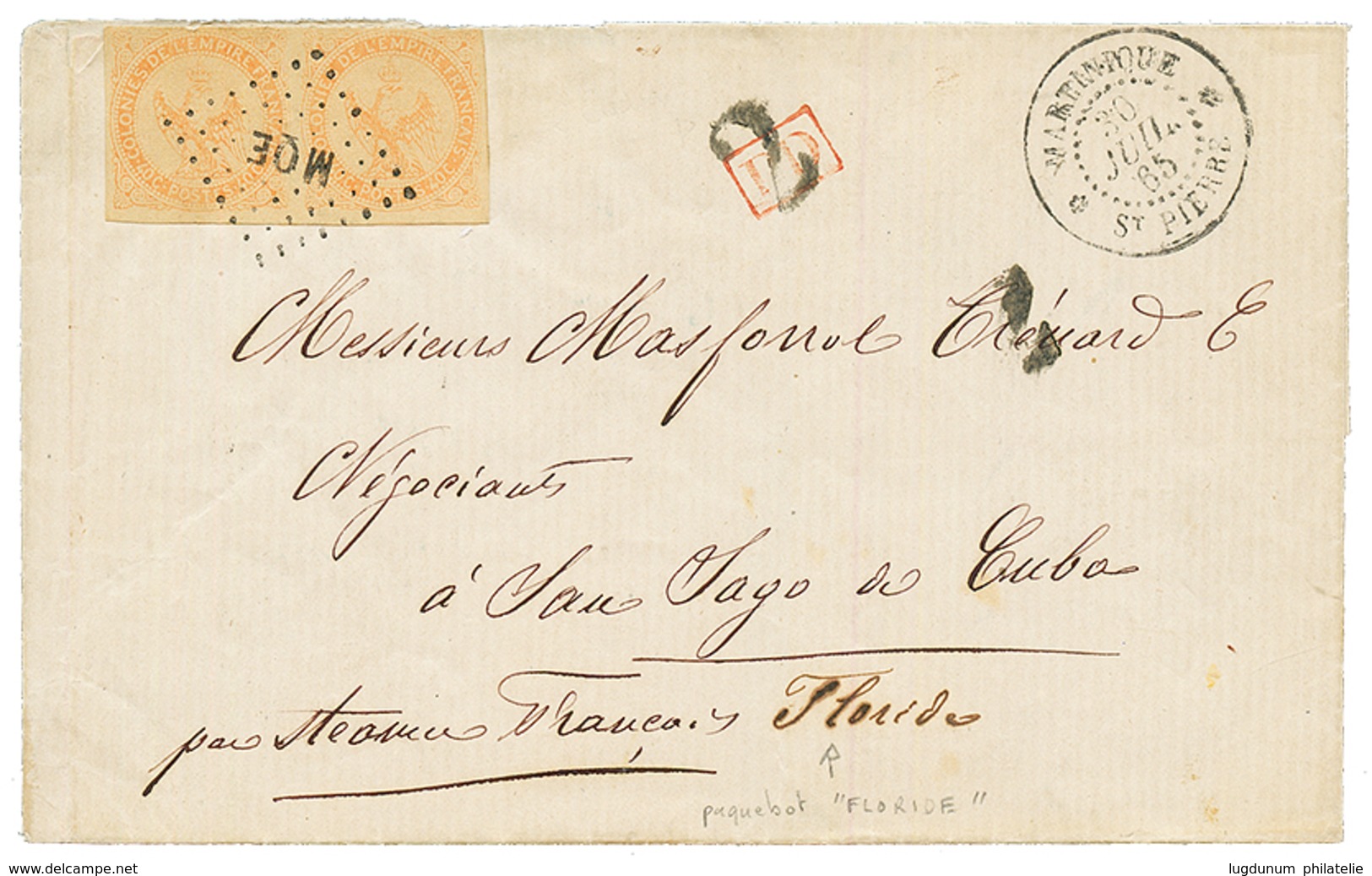 MARTINIQUE Pour CUBA : 1865 Superbe Paire Du 40c AIGLE Obl. MQE + MARTINIQUE ST PIERRE Sur Lettre "Par Steamer FLORIDE"  - Sonstige & Ohne Zuordnung