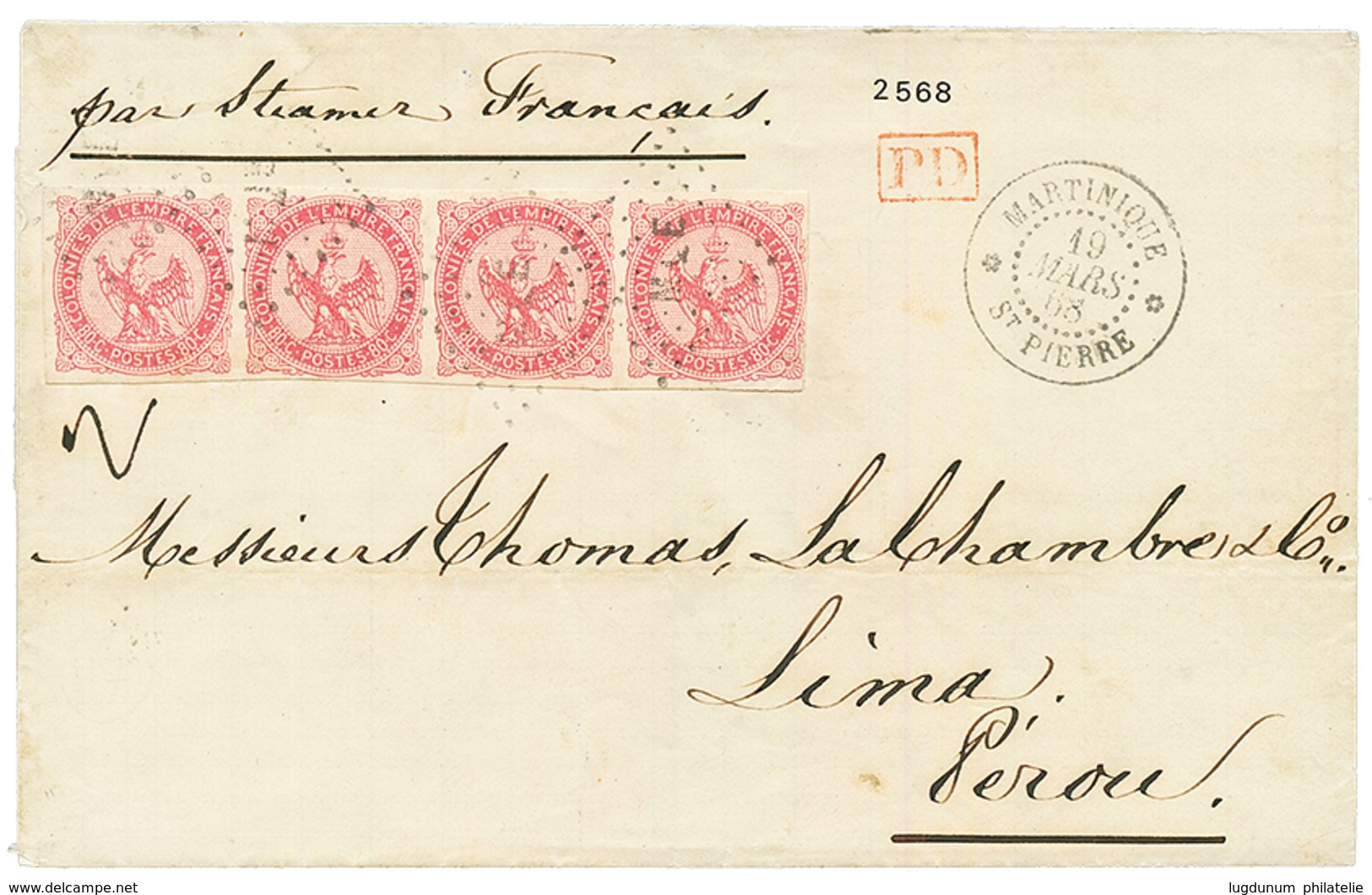 "3F20 Pour Le PEROU" : 1868 Magnifique Bande De 4 Du 80c AIGLE Obl. MQE Sur Lettre De ST PIERRE MARTINIQUE Pour LIMA (PE - Other & Unclassified