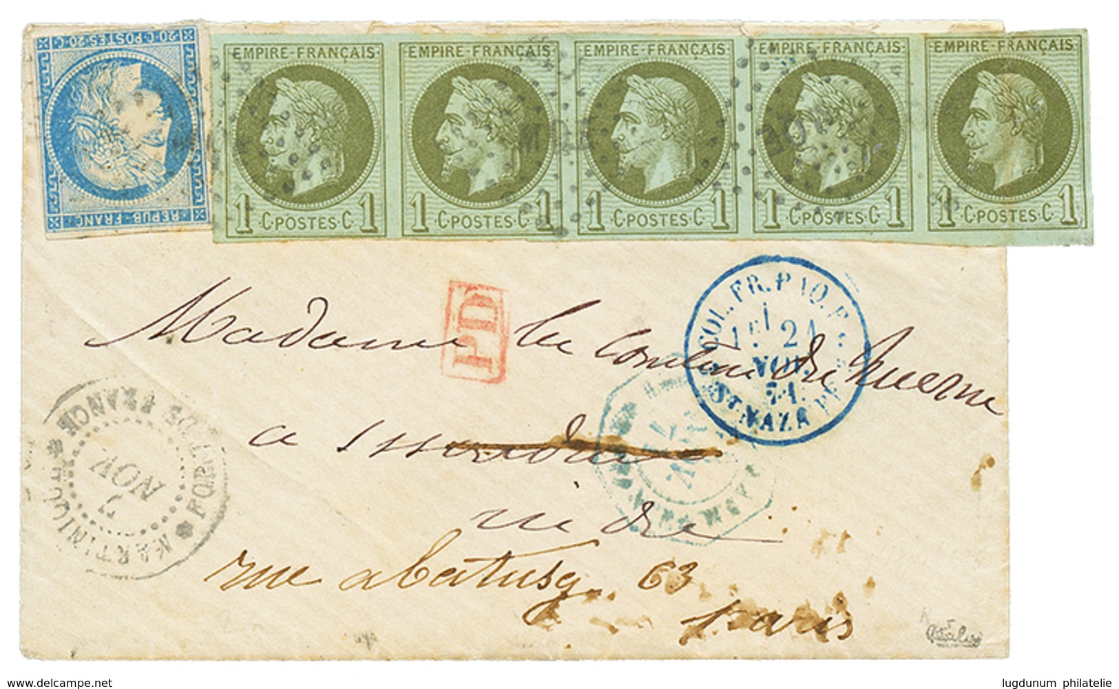 MARTINIQUE : 1871 CG Bande De 5 Du 1c (1 Ex. Pli) + 20c CERES Obl. MQE Sur Lettre Au Tarif Militaire De FORT DE FRANCE P - Other & Unclassified