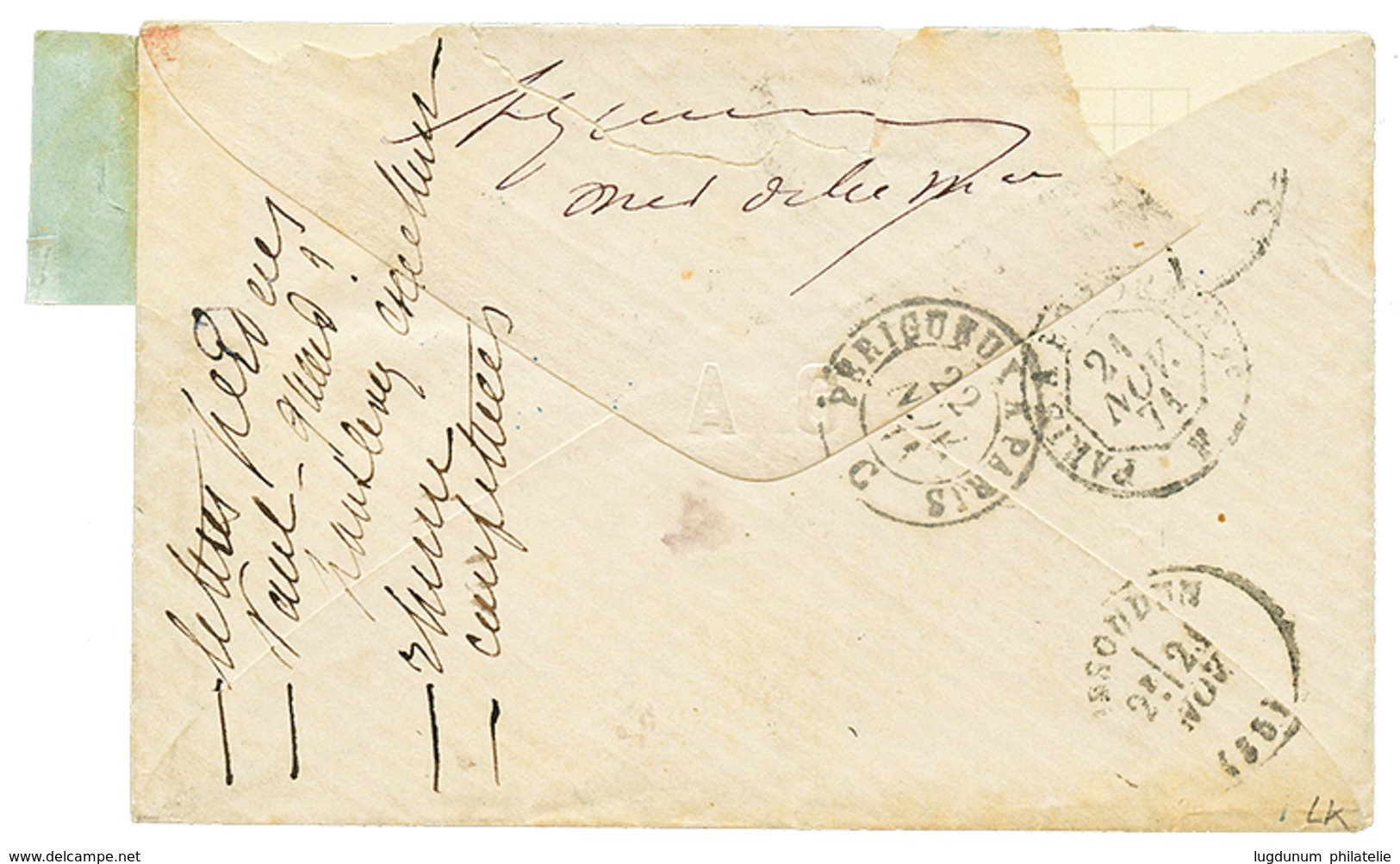 MARTINIQUE : 1871 CG Bande De 5 Du 1c (1 Ex. Pli) + 20c CERES Obl. MQE Sur Lettre Au Tarif Militaire De FORT DE FRANCE P - Other & Unclassified