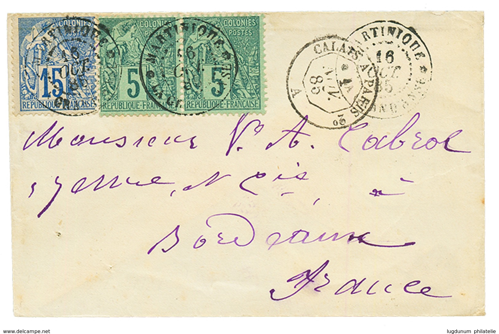 "GRAND ANSE" : 1885 CG 5c (x2) + 15c Obl. MARTINIQUE GRAND ANSE Sur Enveloppe Pour La FRANCE. TB. - Andere & Zonder Classificatie