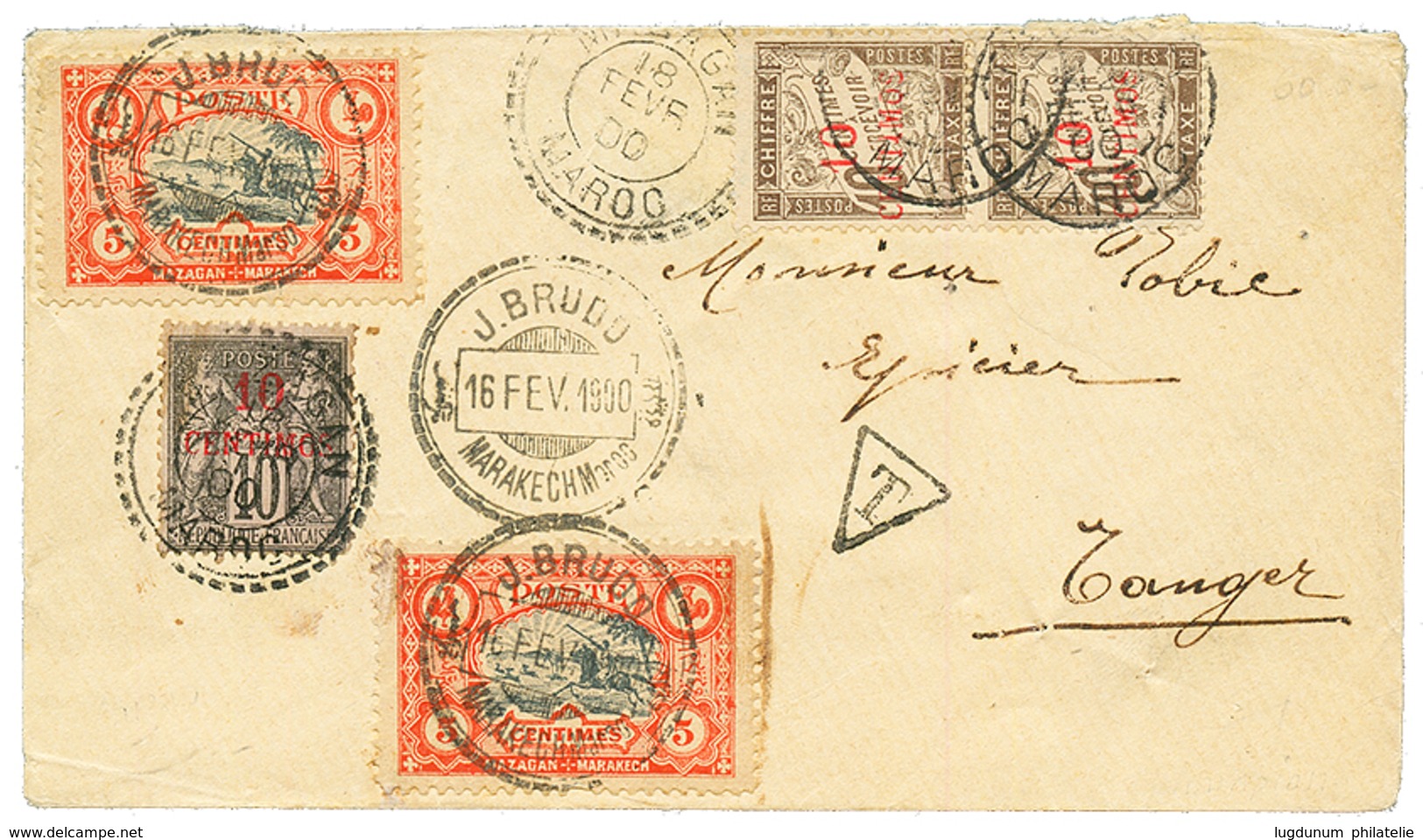 1900 10c S/ 10c Obl. MAZAGAN + POSTE LOCALE 5c (x2) Obl. BRUDO Sur Enveloppe Pour TANGER Taxée Avec Timbres-Taxe Du MARO - Other & Unclassified