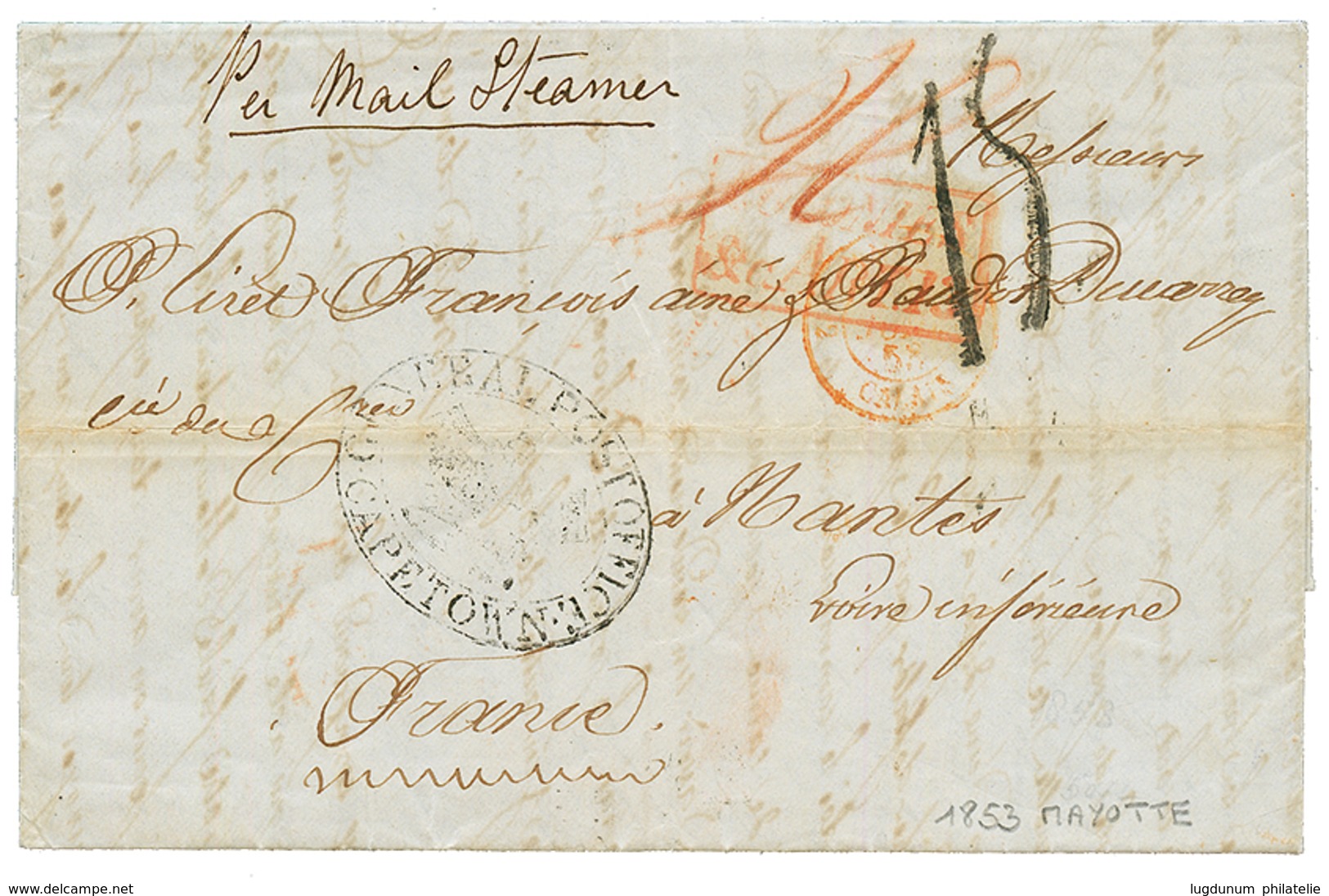 MAYOTTE Via LE CAP DE BONNE ESPERANCE : 1853 COLONIES ART.13 + GENERAL POST OFFICE CAPETOWN Sur Lettre Avec Texte Daté " - Sonstige & Ohne Zuordnung