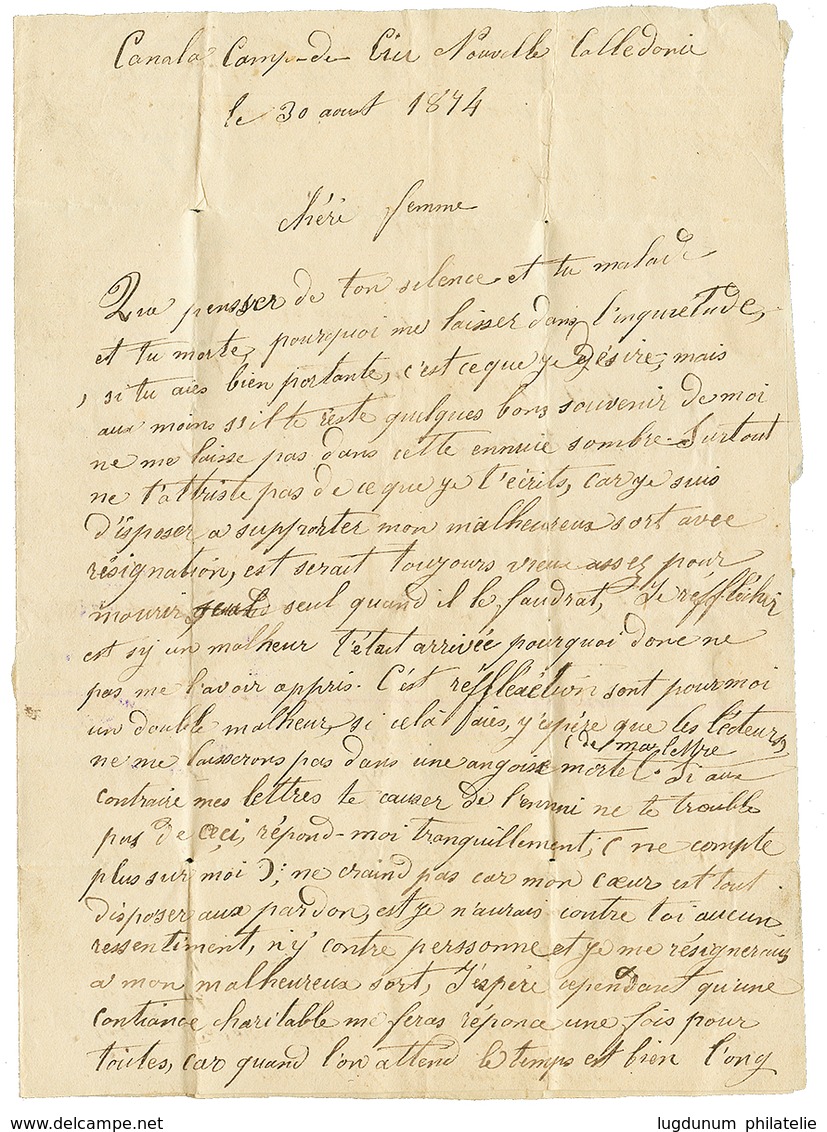 "BAGNE De CANALA" : 1874 NLLE CALEDONIE NOUMEA + Taxe 8 Sur Lettre Avec Texte Daté " CANALA CAMP Di CIU" Pour La FRANCE. - Other & Unclassified