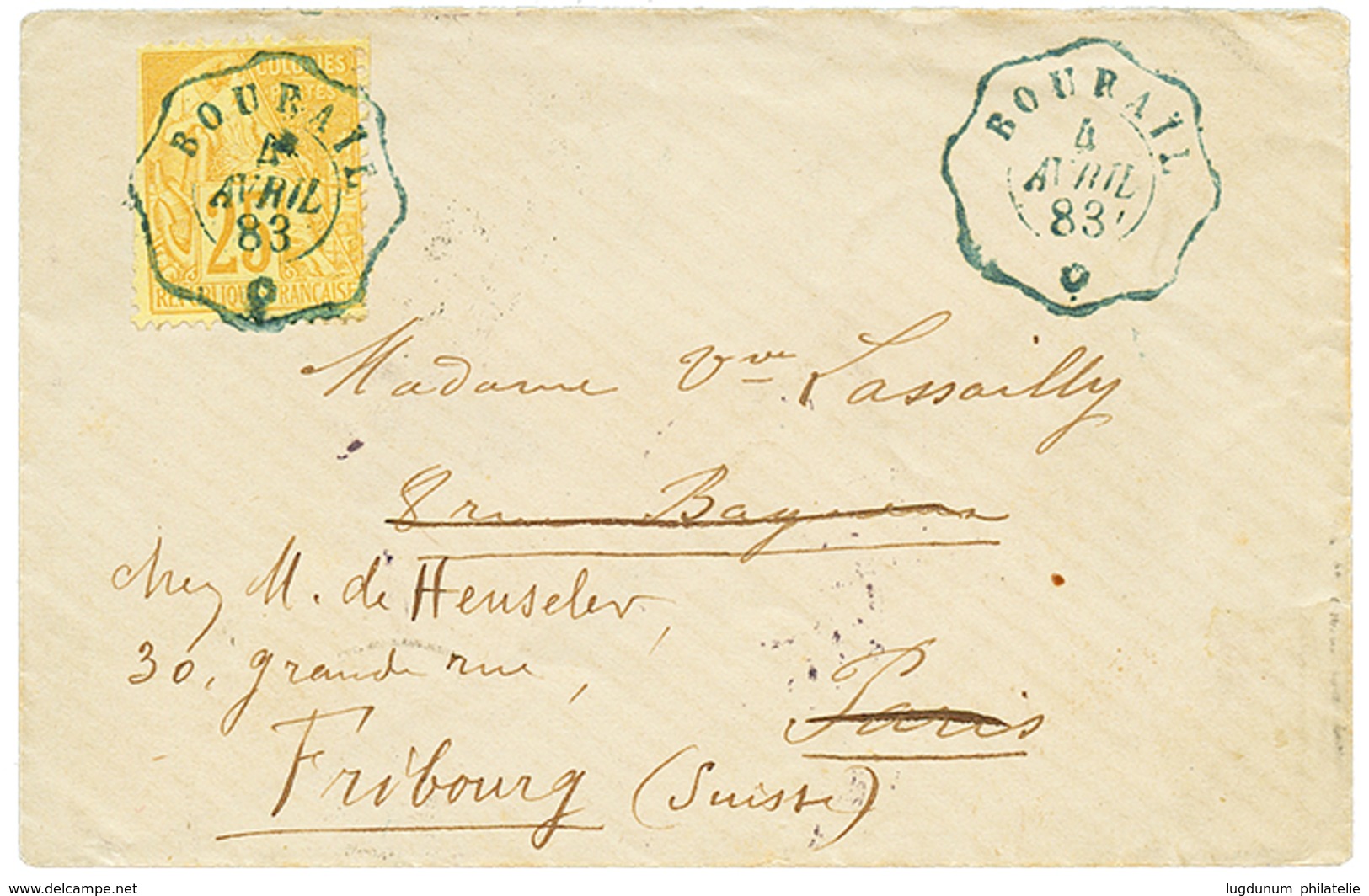 "BOURAIL" : 1883 CG 25c Obl. Cachet TELEGRAPHIQUE BOURAIL Sur Env. Pour PARIS Redirigée En SUISSE. Superbe. - Other & Unclassified