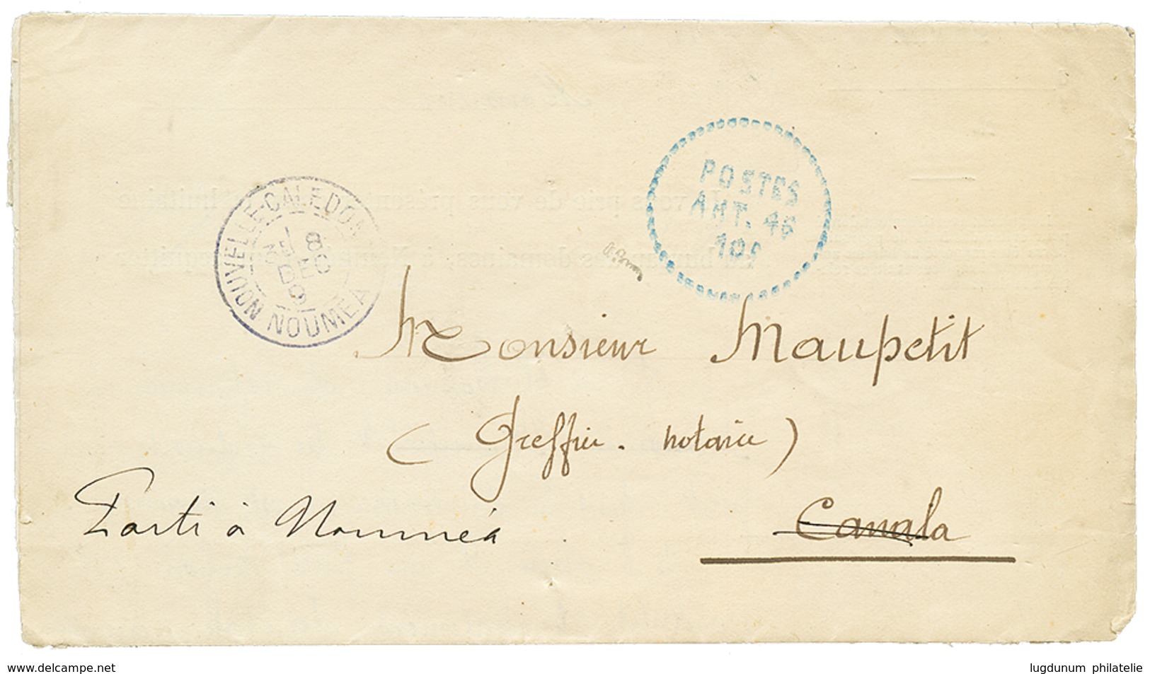 1893 Cachet POSTES ART.46 / 10c En BLEU (rarissime En Bleu) + NOUMEA Sur Lettre Avec Texte (2 Pages) Pour CANALA Redirig - Other & Unclassified