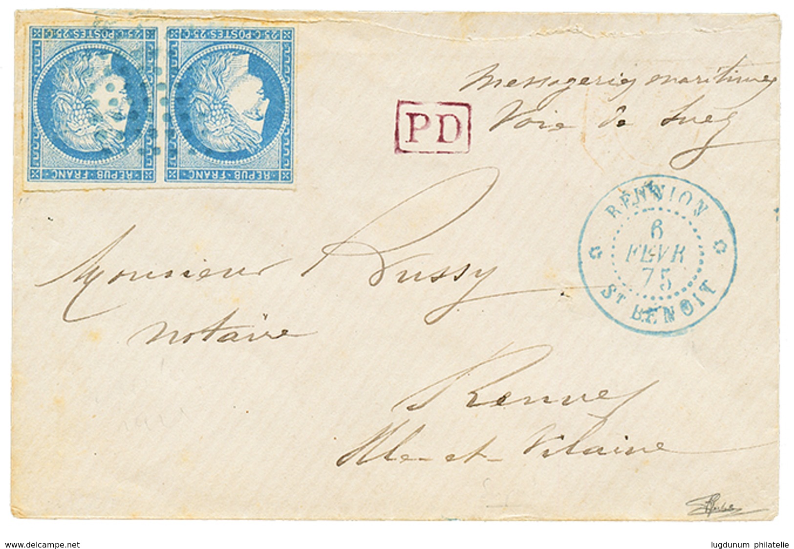 1875 CG Paire 25c CERES TTB Margée + REUNION ST BENOIT Bleu Sur Env. Pour La FRANCE. Superbe. - Altri & Non Classificati