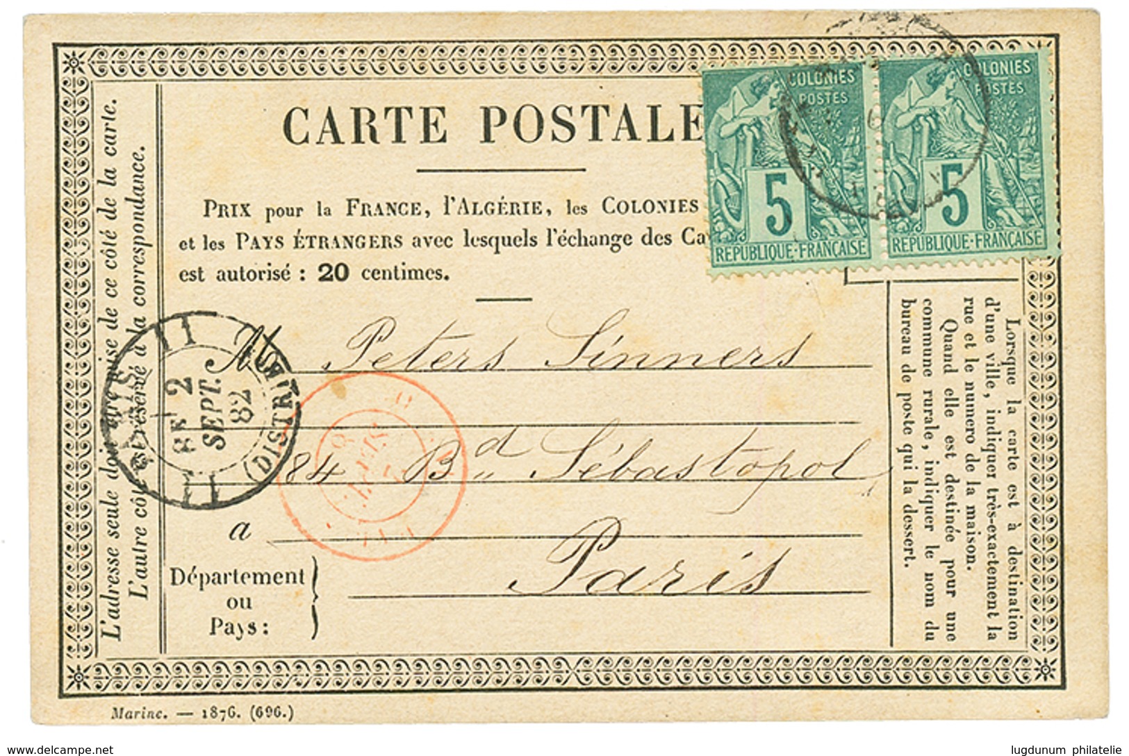 REUNION : 1882 CG Paire 5c Sur CARTE PRECURSEUR Pour La FRANCE. Type RARE. TB. - Sonstige & Ohne Zuordnung