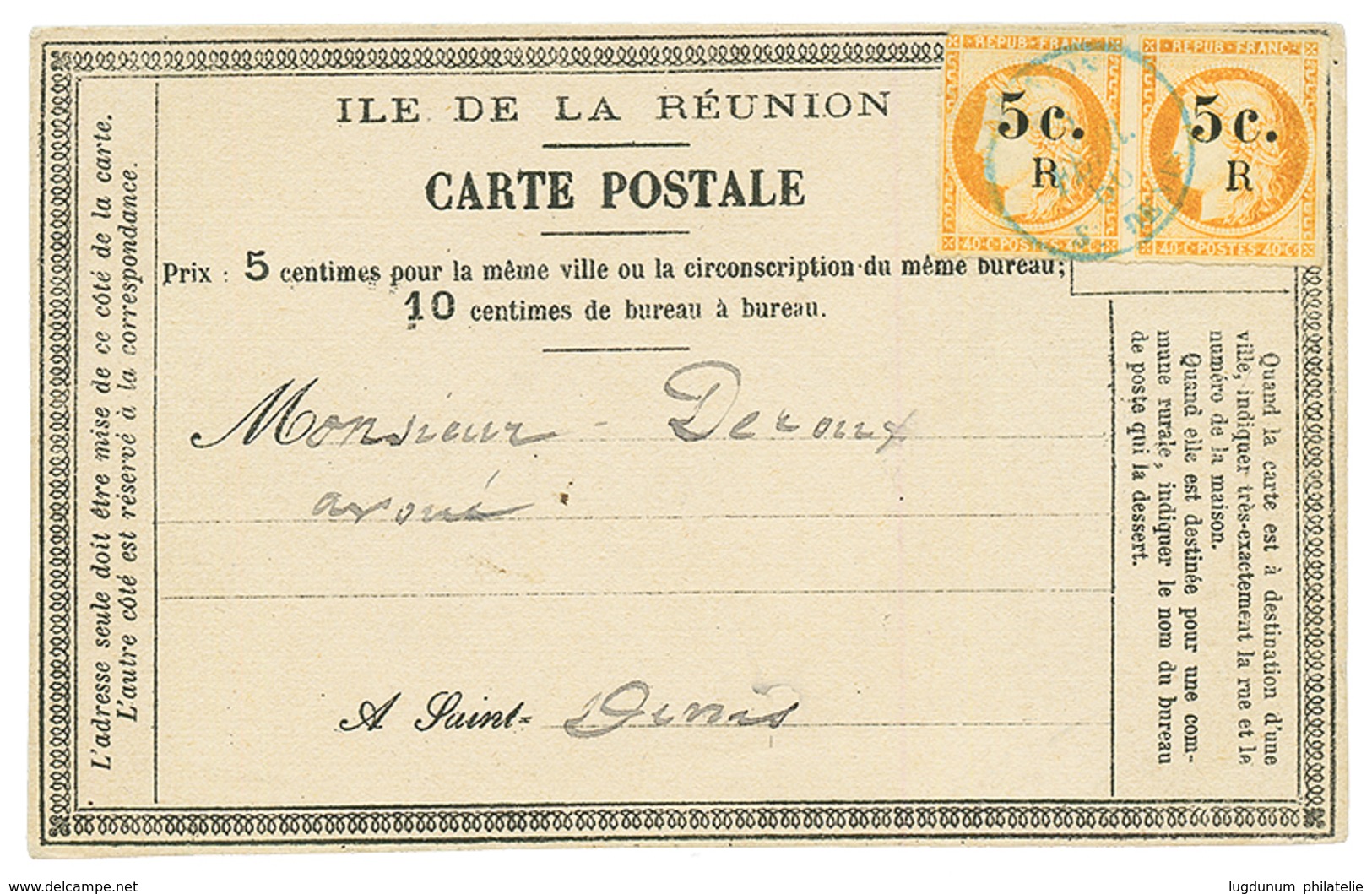 1886 Paire Du 5c S/ 40c (pd) Obl. REUNION ST DENIS Sur CARTE PRECURSEUR. TB. - Sonstige & Ohne Zuordnung