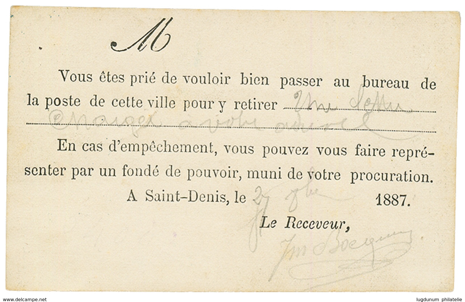 REUNION : 1887 Cachet REUNION SERVICE DES POSTES Sur CARTE PRECURSEUR . RARE. Pièce Du Catalogue (page 70). TB. - Otros & Sin Clasificación