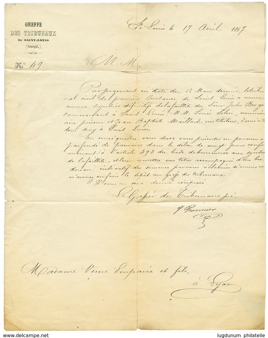 SENEGAL : 1867 SENEGAL ST LOUIS + CHARGE + PD + Descriptif De CHARGEMENT SNG Lettre CHARGEE De ST LOUIS Pour LYON. Excep - Sonstige & Ohne Zuordnung